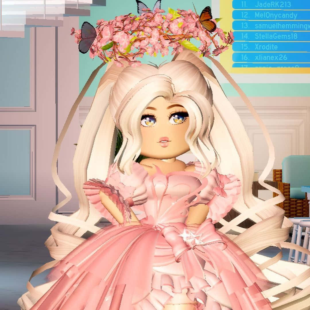 Roblox Pink, pink ruffled gown, cherry blossom crown, SD Desktop Wallpaper