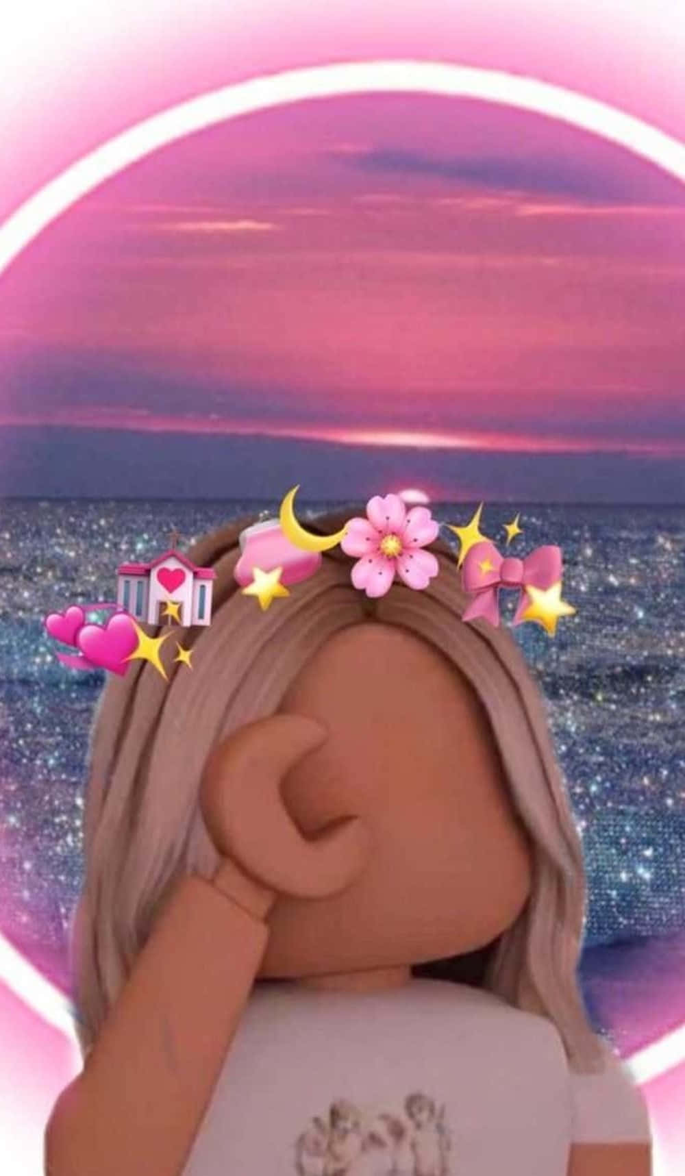 Roblox, pink floral emoji accessories, glittering ocean, HD Phone Wallpaper