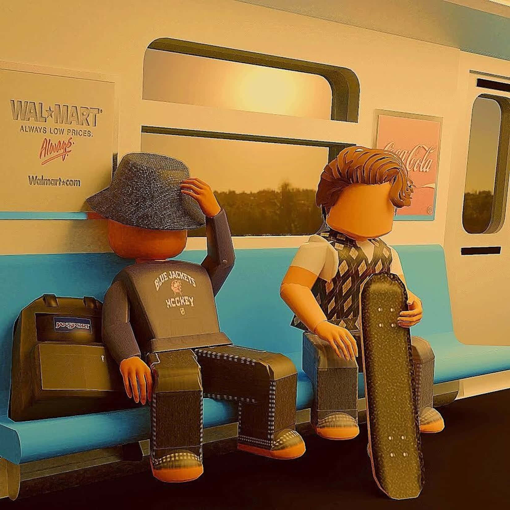 Roblox, Roblox-style avatars, subway bench, HD Desktop Wallpaper