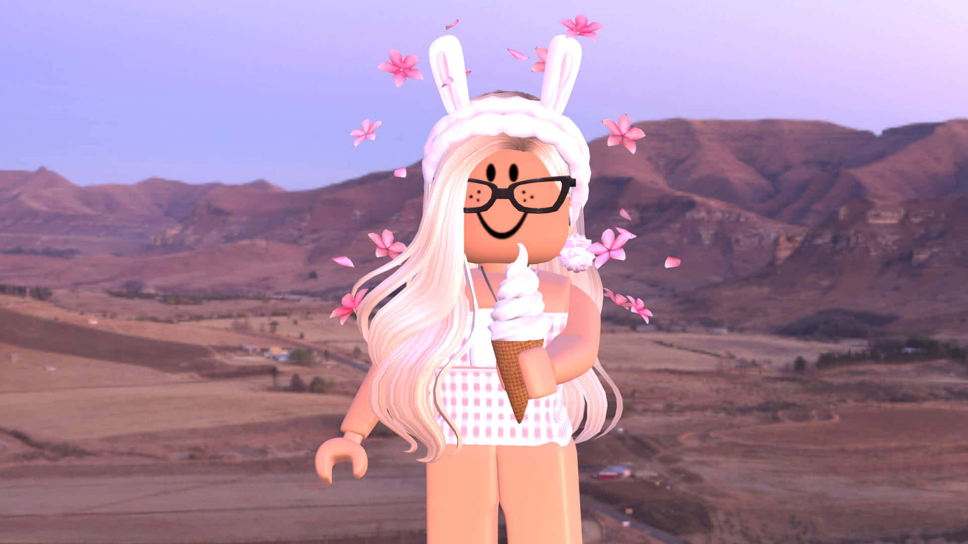 Roblox, pink cherry blossoms, mountainous sunset backdrop, Full HD Desktop Wallpaper