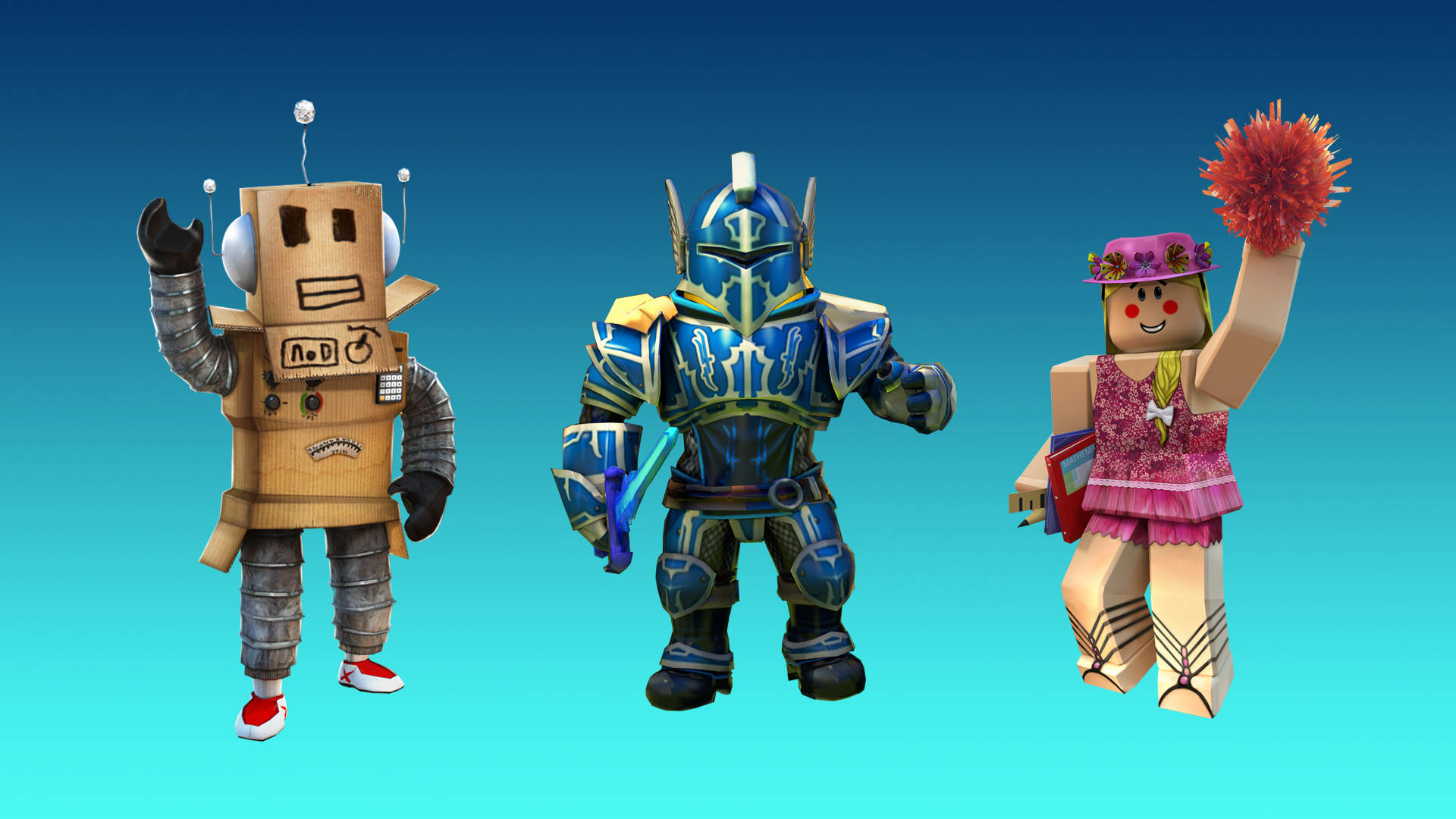 Roblox, blocky Roblox-style avatars, gradient blue background, Full HD Desktop Wallpaper
