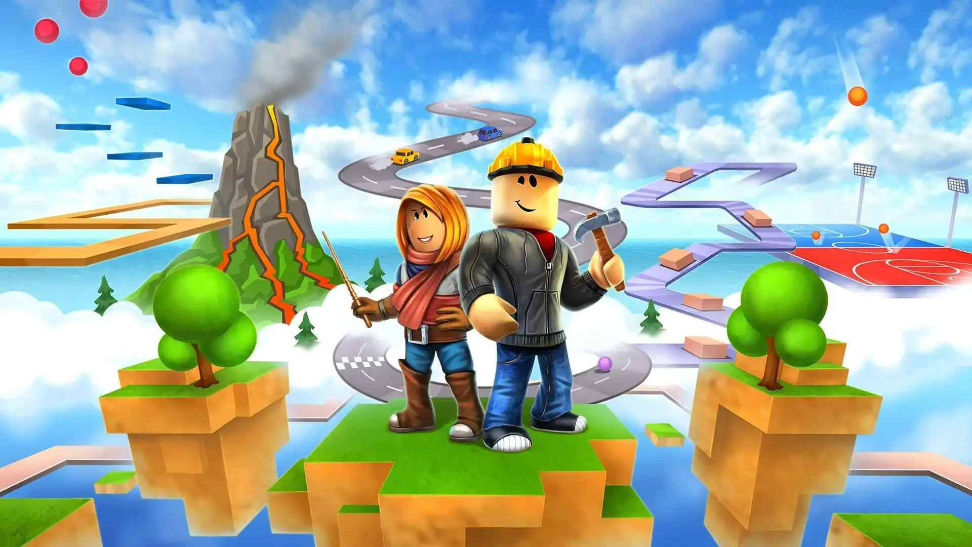 Roblox, blocky cartoon characters, floating islands, Full HD Desktop Wallpaper