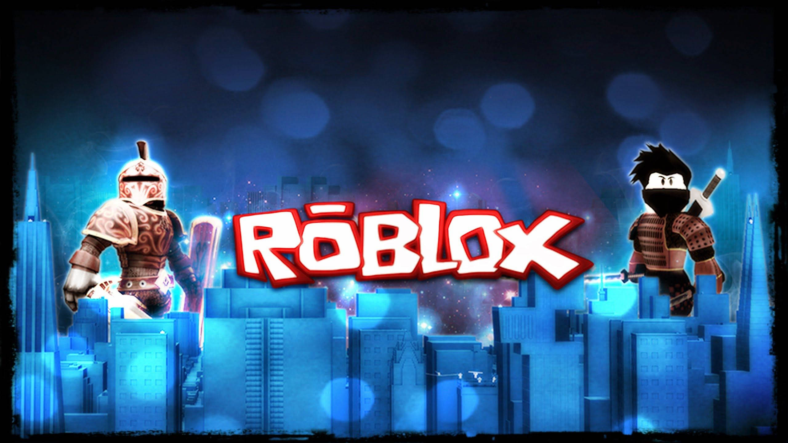 Roblox, glowing blue skyscrapers, starry night sky, 2K Desktop Wallpaper