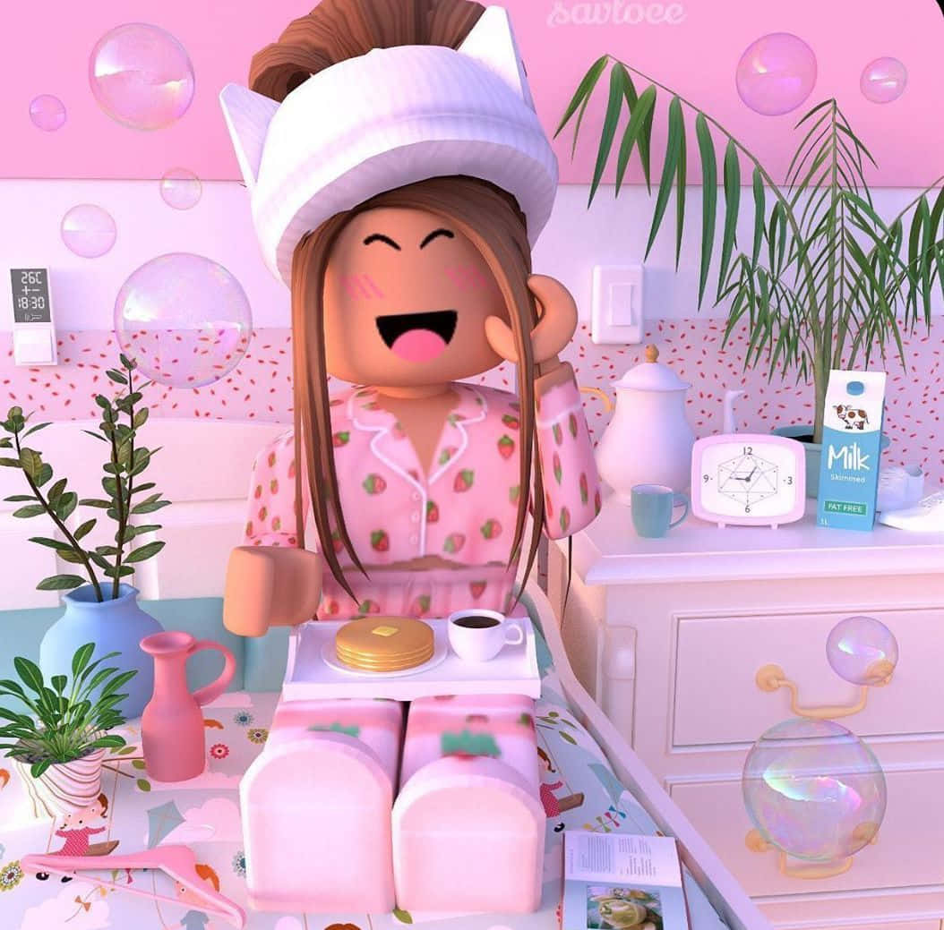 Roblox, pink strawberry pajamas, bubble-filled pink bedroom, SD Desktop Wallpaper