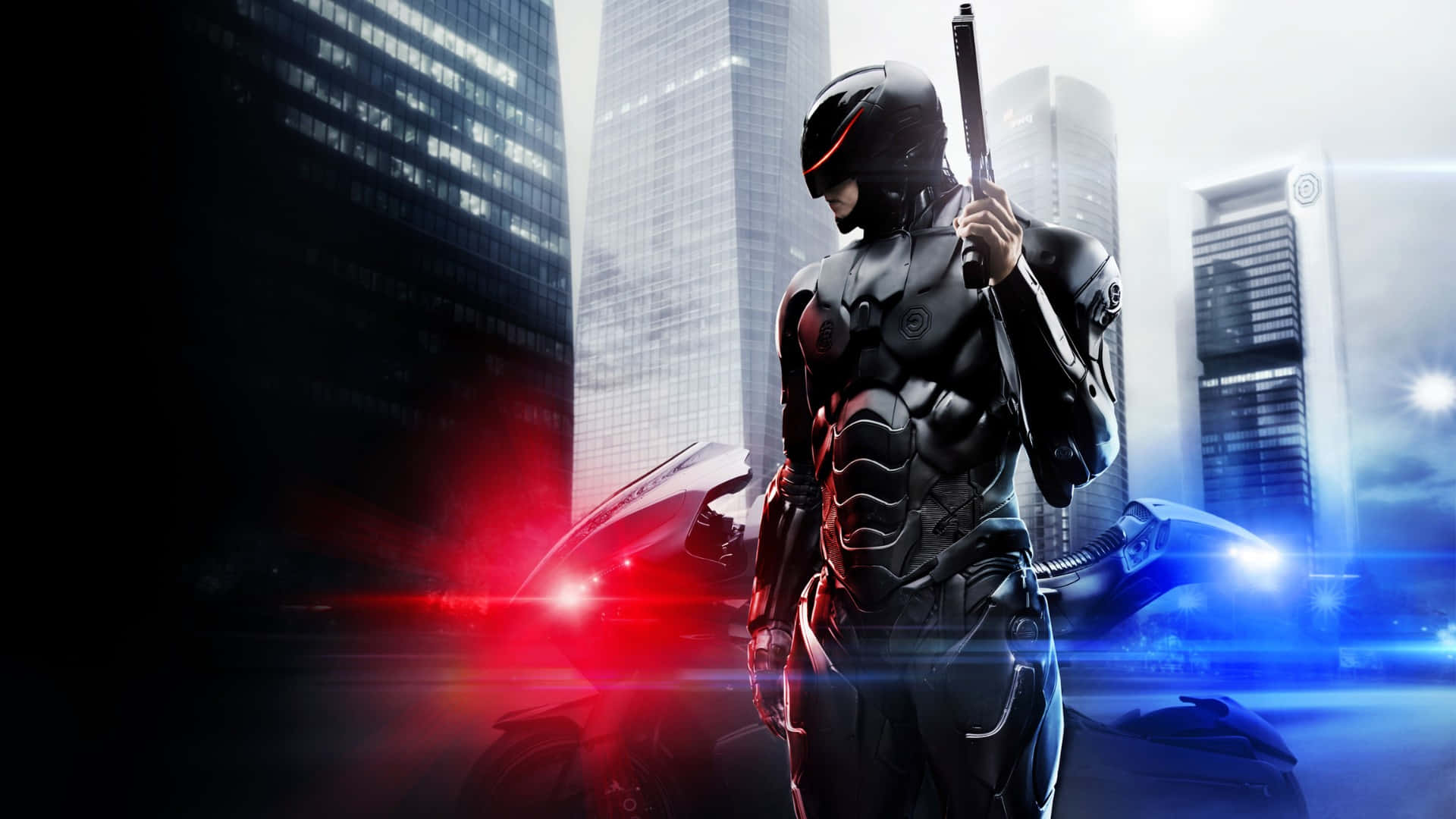 Robocop, futuristic armored figure, neon-lit cityscape, Full HD Desktop Wallpaper