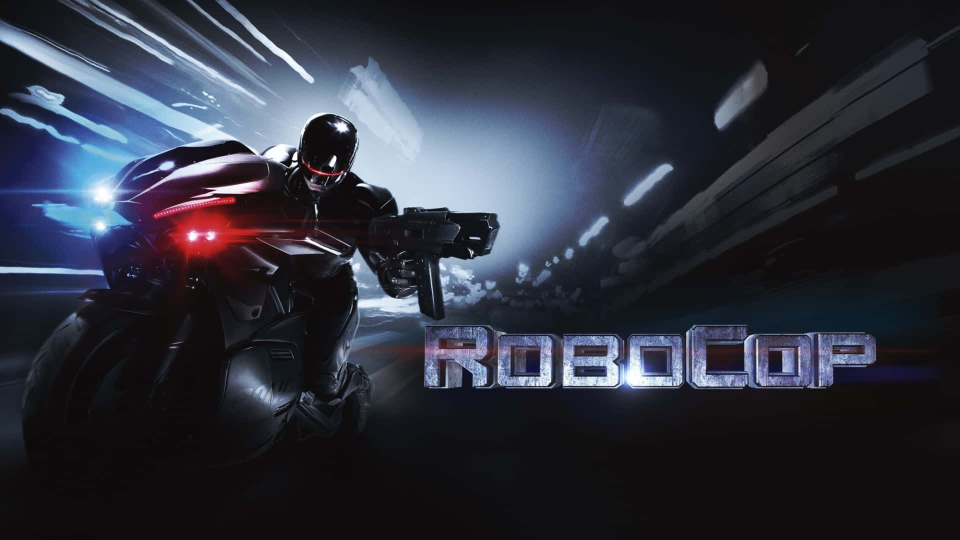 Robocop, futuristic motorcycle, neon-lit cityscape, Full HD Desktop Wallpaper