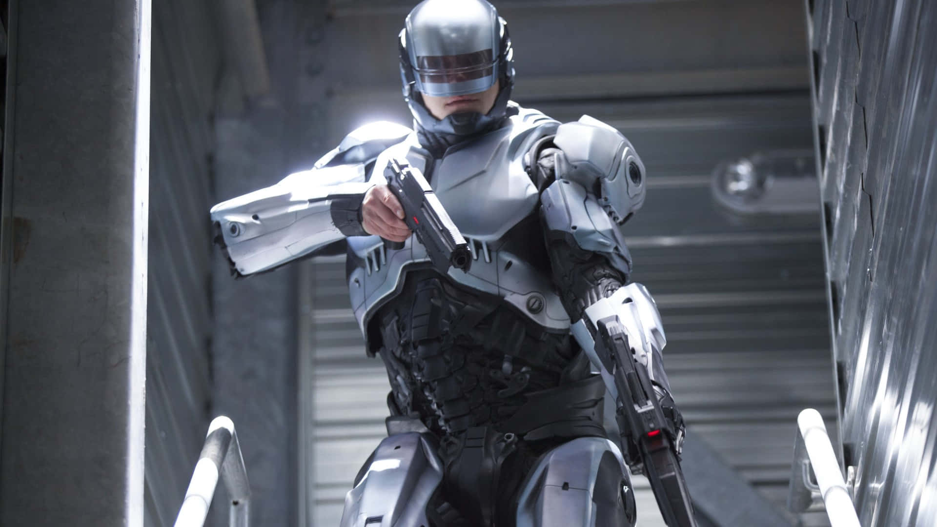 Robocop, silver and black armor, chrome-plated robotic enforcer, Full HD Desktop Wallpaper