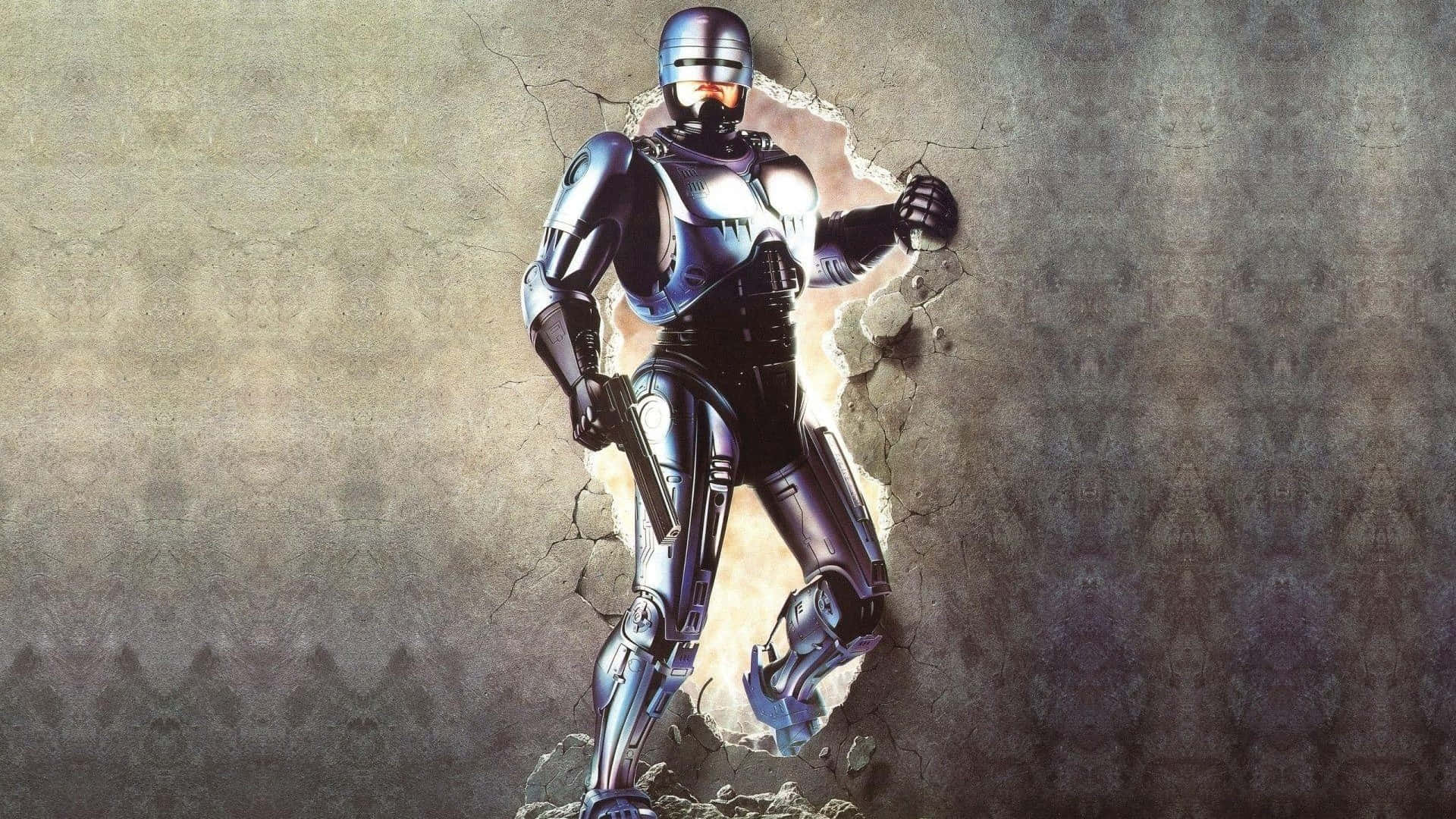 Robocop, chrome-plated, cracked concrete wall, Full HD Desktop Wallpaper