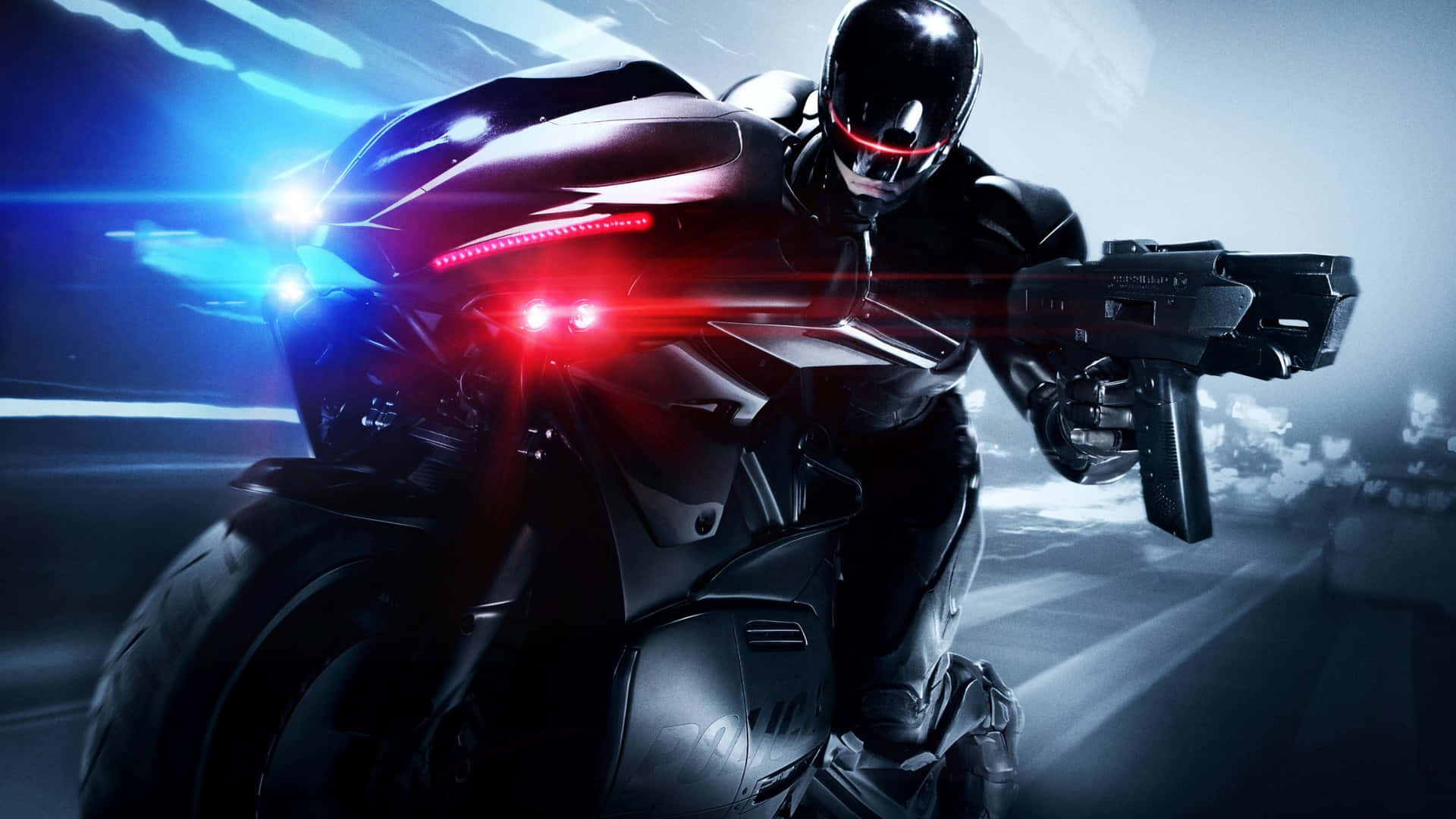Robocop, futuristic motorcycle, glowing red lights, Full HD Desktop Wallpaper