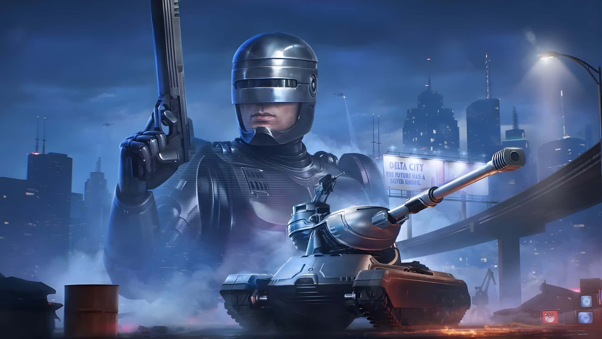 Robocop, chrome-armored cyborg, neon-drenched dystopian cityscape, Full HD Desktop Wallpaper