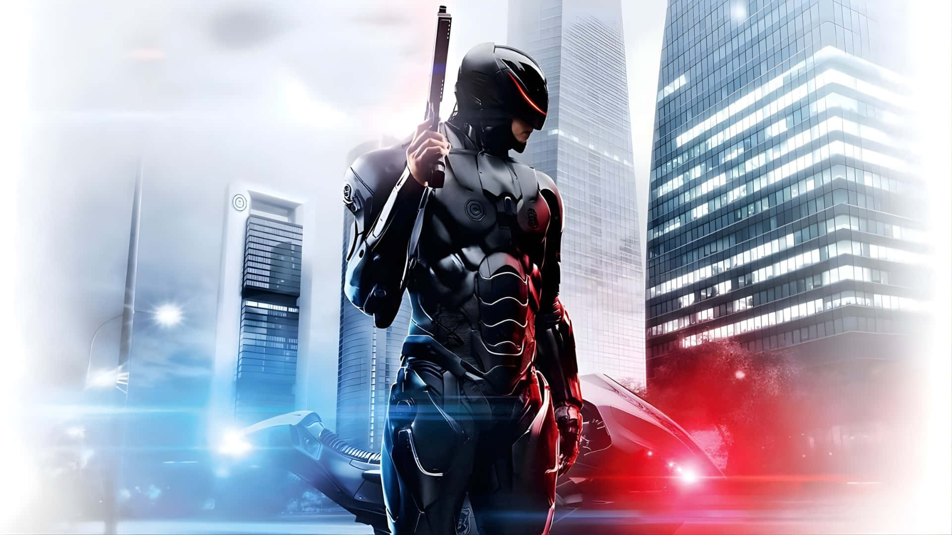 Robocop, black armored suit, glowing cityscape, Full HD Desktop Wallpaper