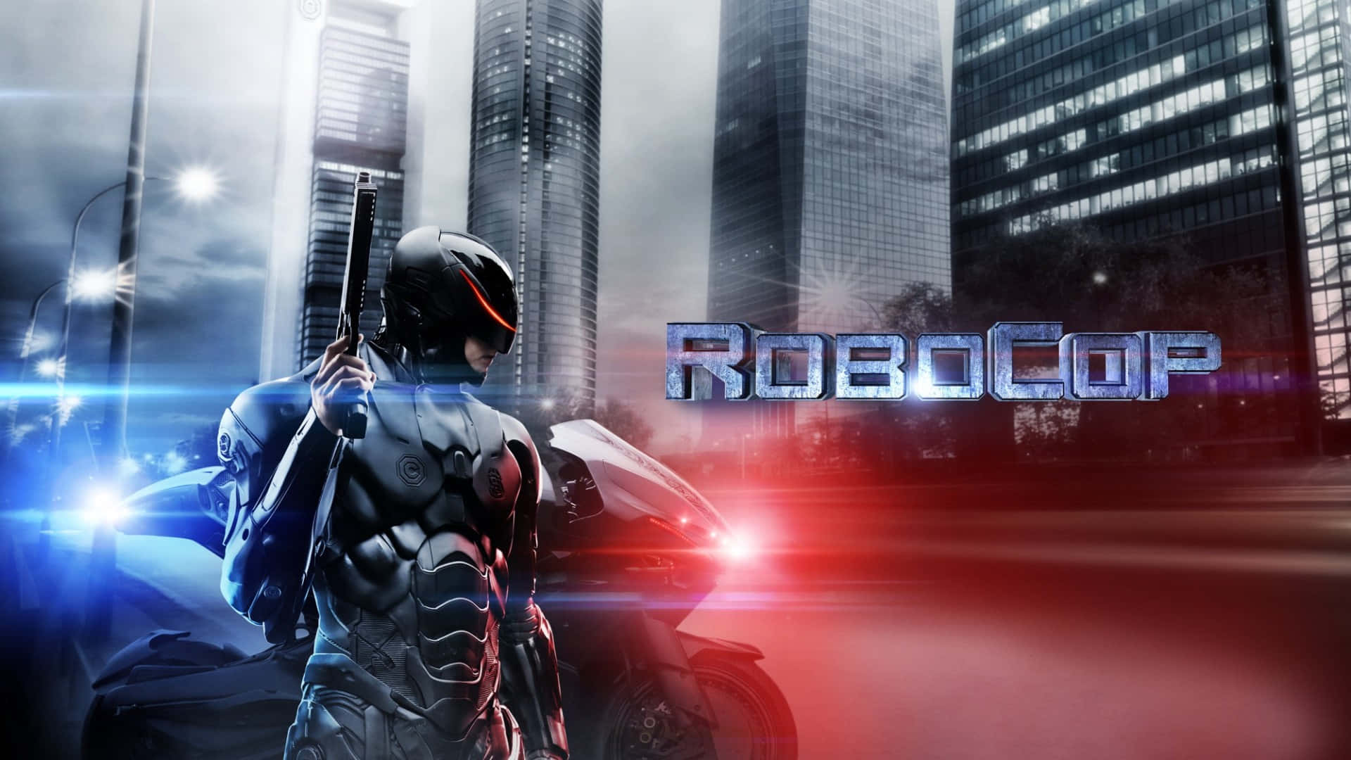 Robocop, futuristic law enforcement, neon-lit cityscape, Full HD Desktop Wallpaper