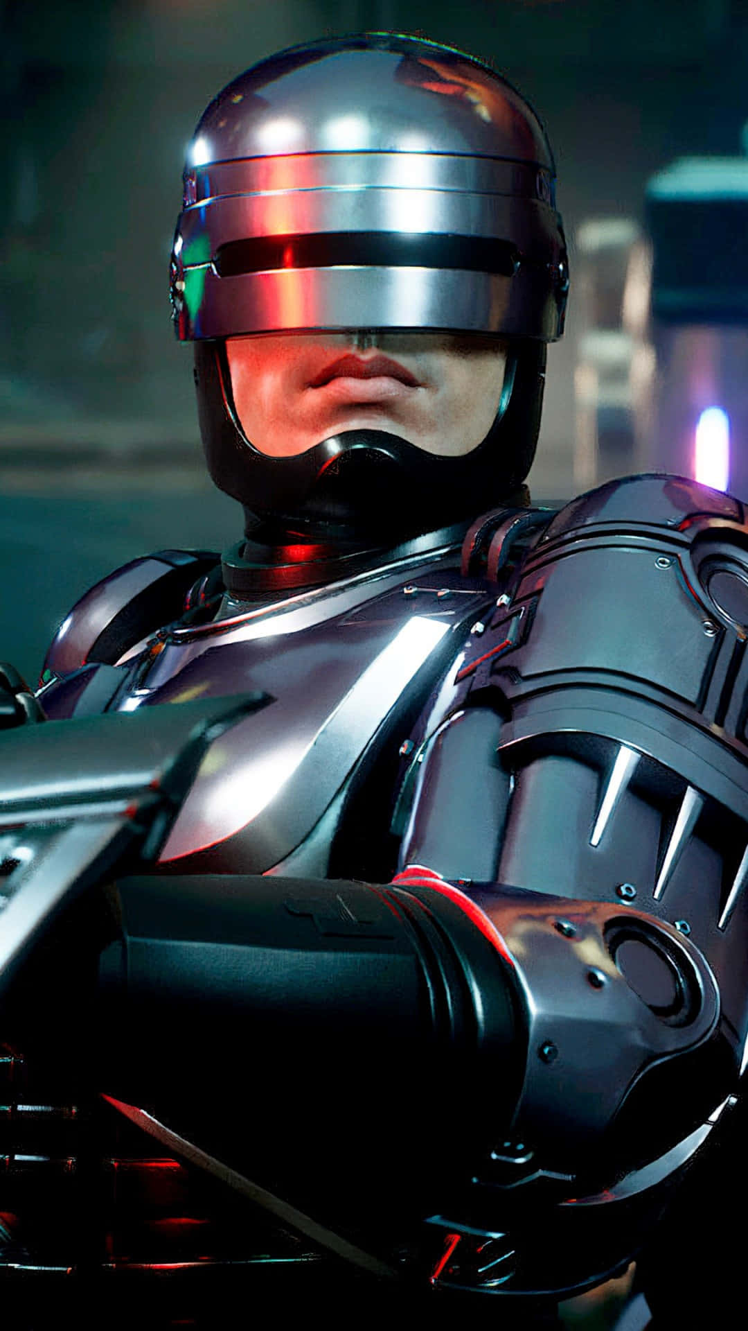 Robocop, chrome-plated armor, glowing red accents, Full HD Phone Wallpaper