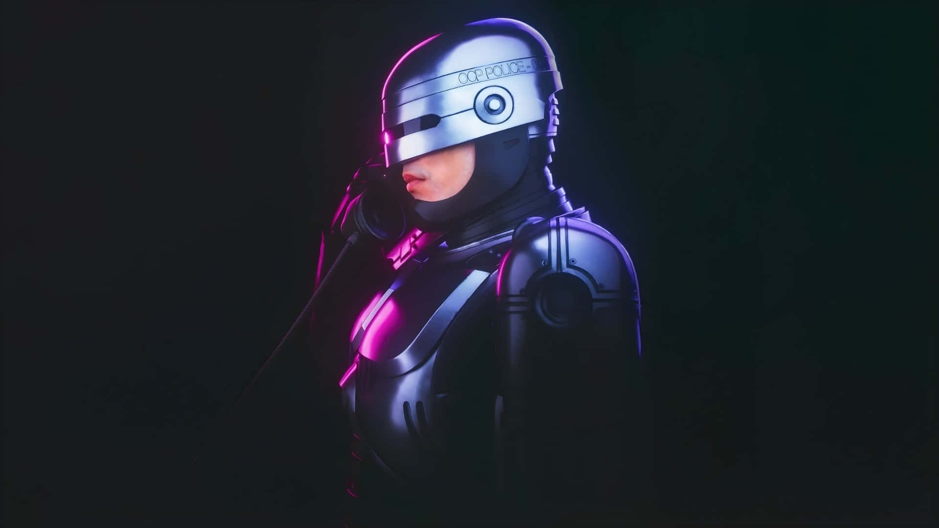 Robocop, chrome helmet, neon pink light, Full HD Desktop Wallpaper