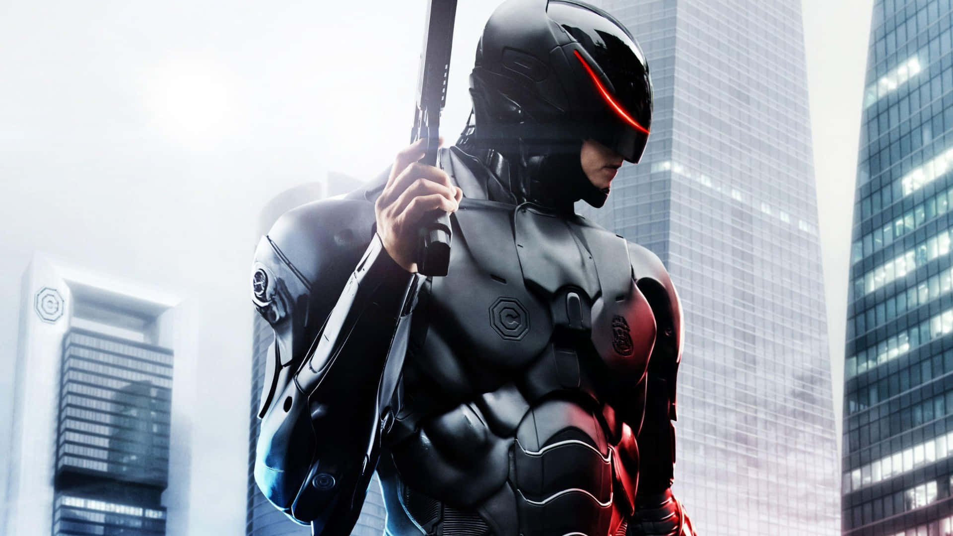 Robocop, black armored suit, red glowing visor, Full HD Desktop Wallpaper