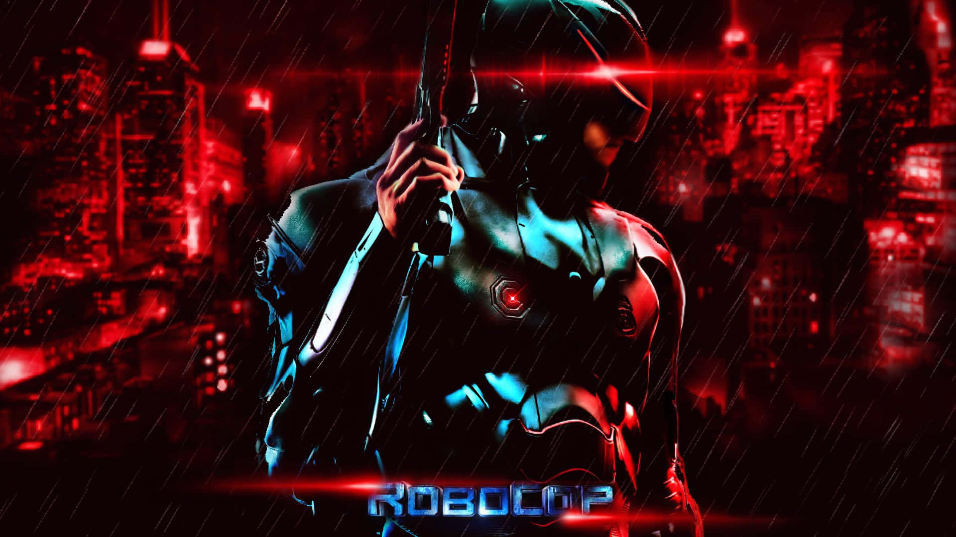 Robocop, cybernetic enforcer, neon red cityscape, Full HD Desktop Wallpaper