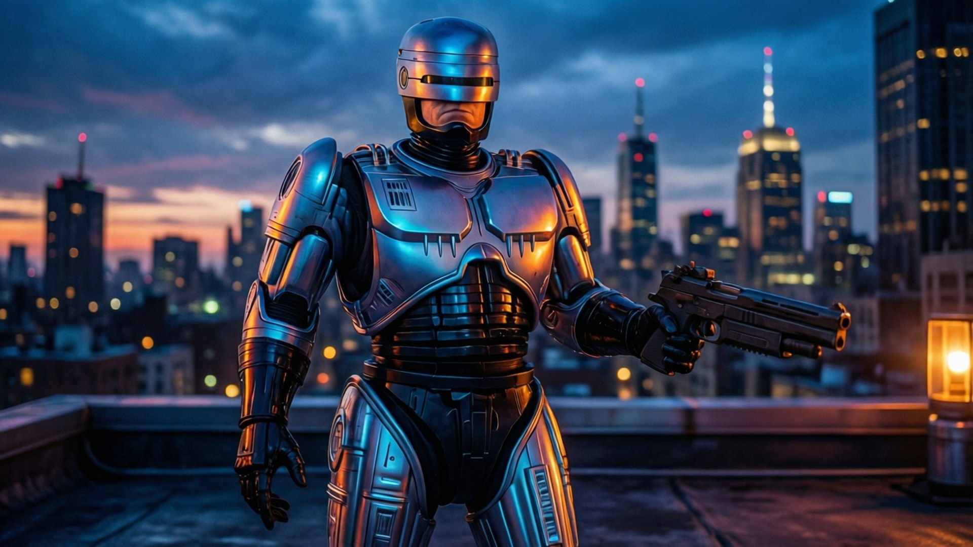 RoboCop, city rooftops, dusk, Full HD Desktop Wallpaper
