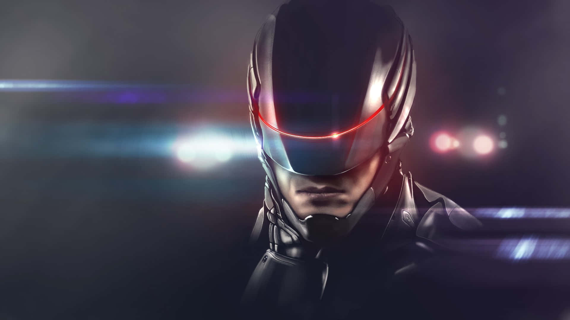 Robocop, sleek black helmet, glowing red visor, Full HD Desktop Wallpaper