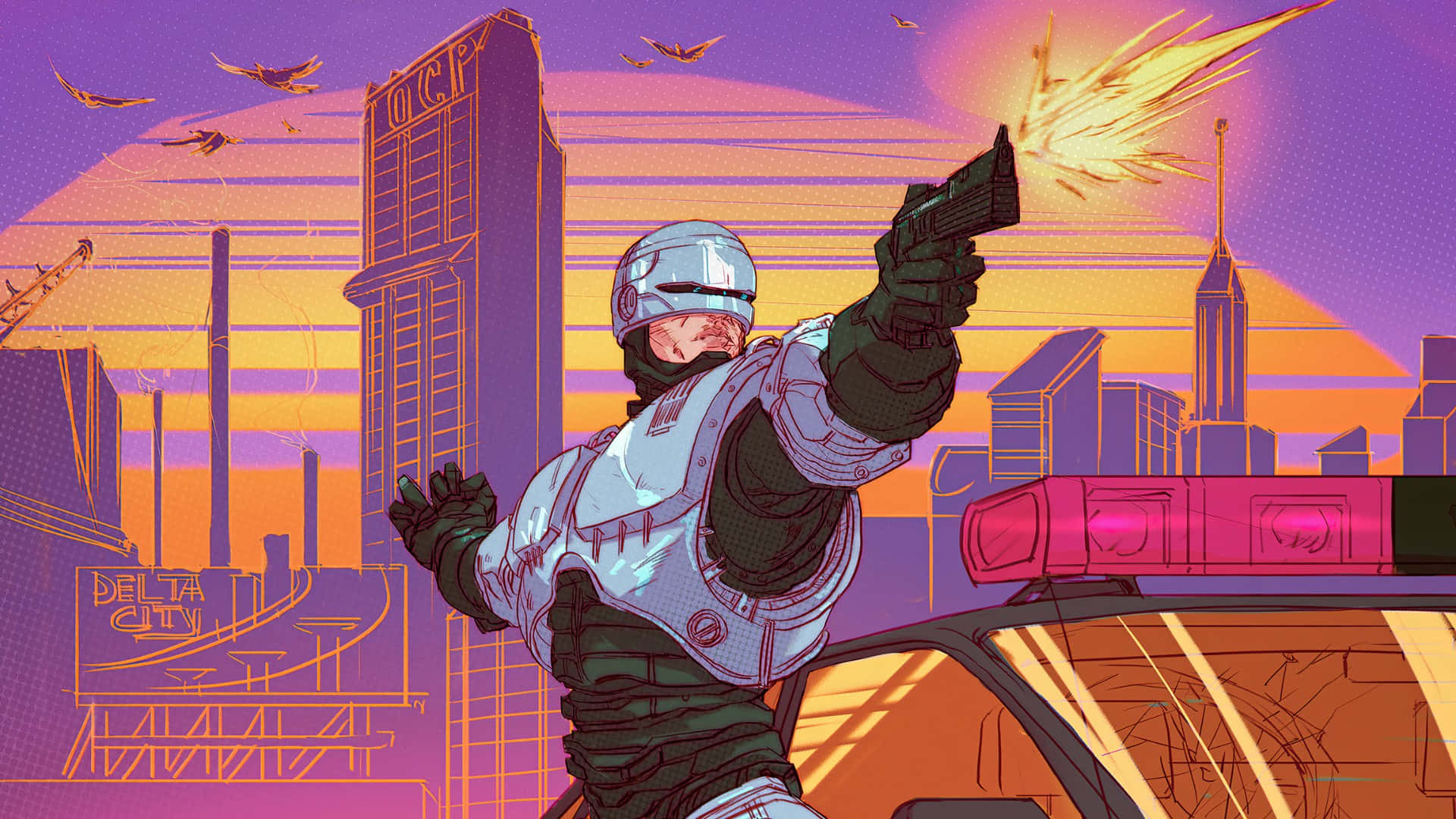Robocop, futuristic cityscape, neon-drenched, Full HD Desktop Wallpaper