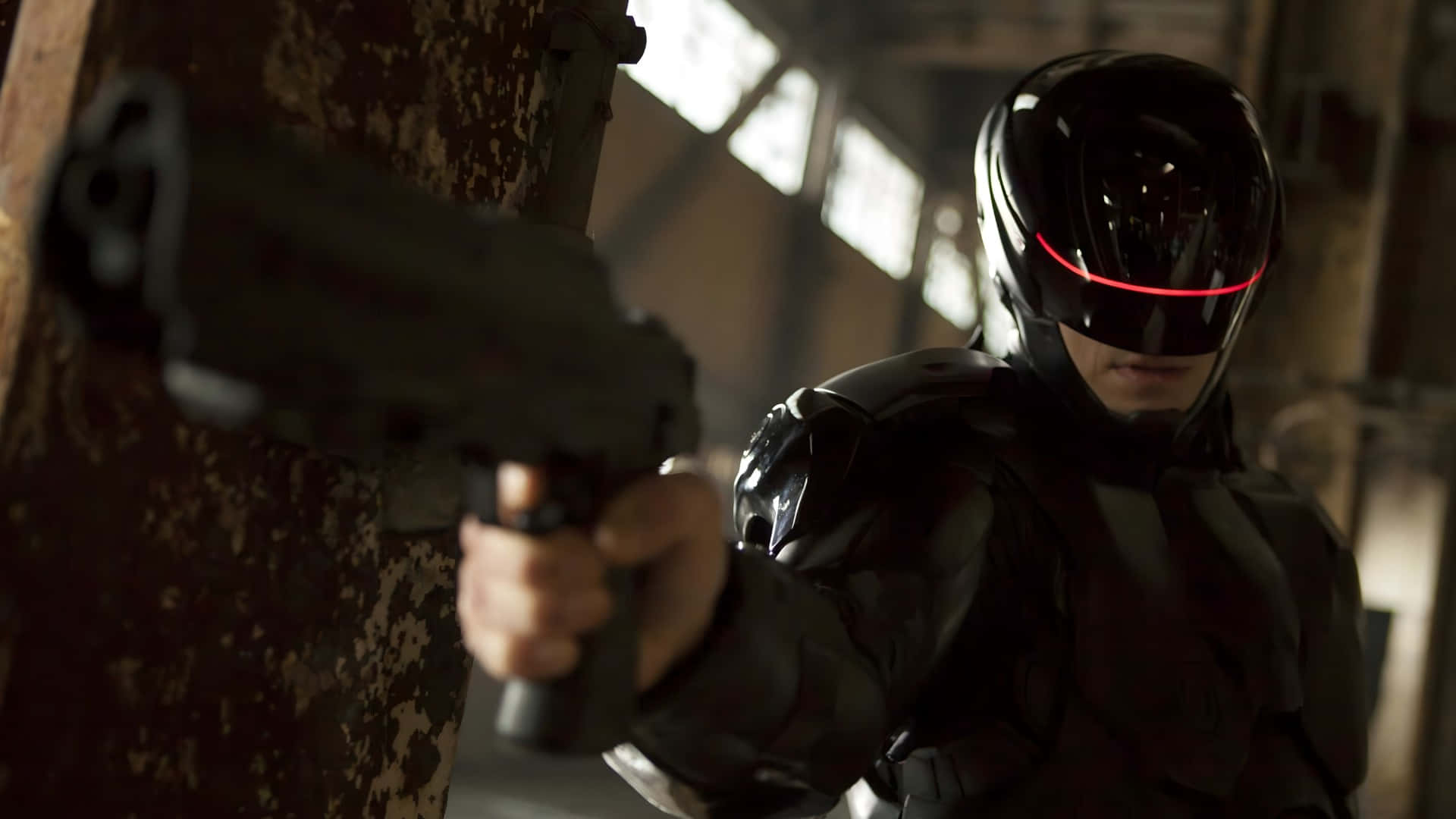 Robocop, black armored suit, glowing red visor, Full HD Desktop Wallpaper