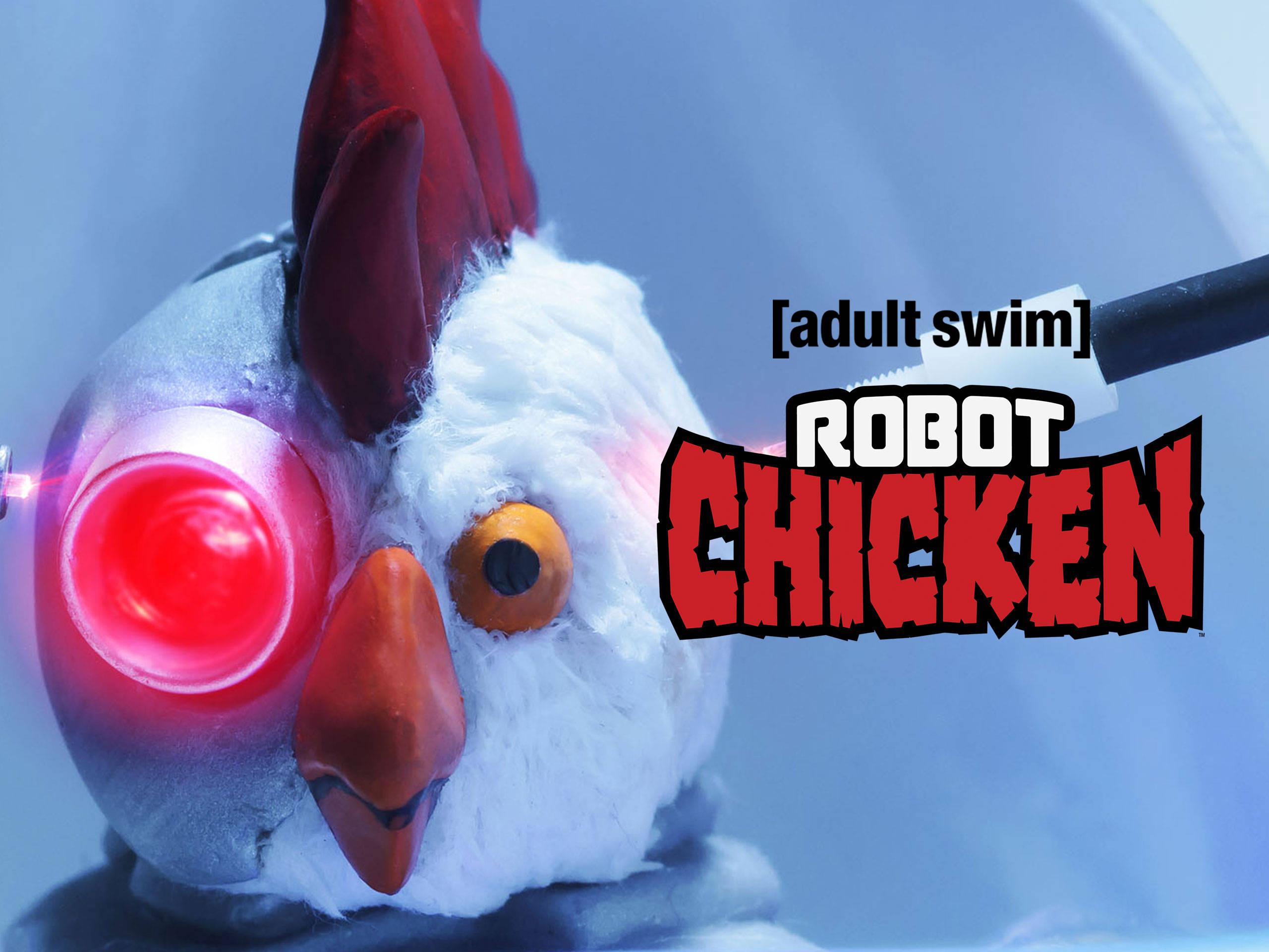 Robot Chicken, glowing red eye, orange beak, 2K Desktop Wallpaper