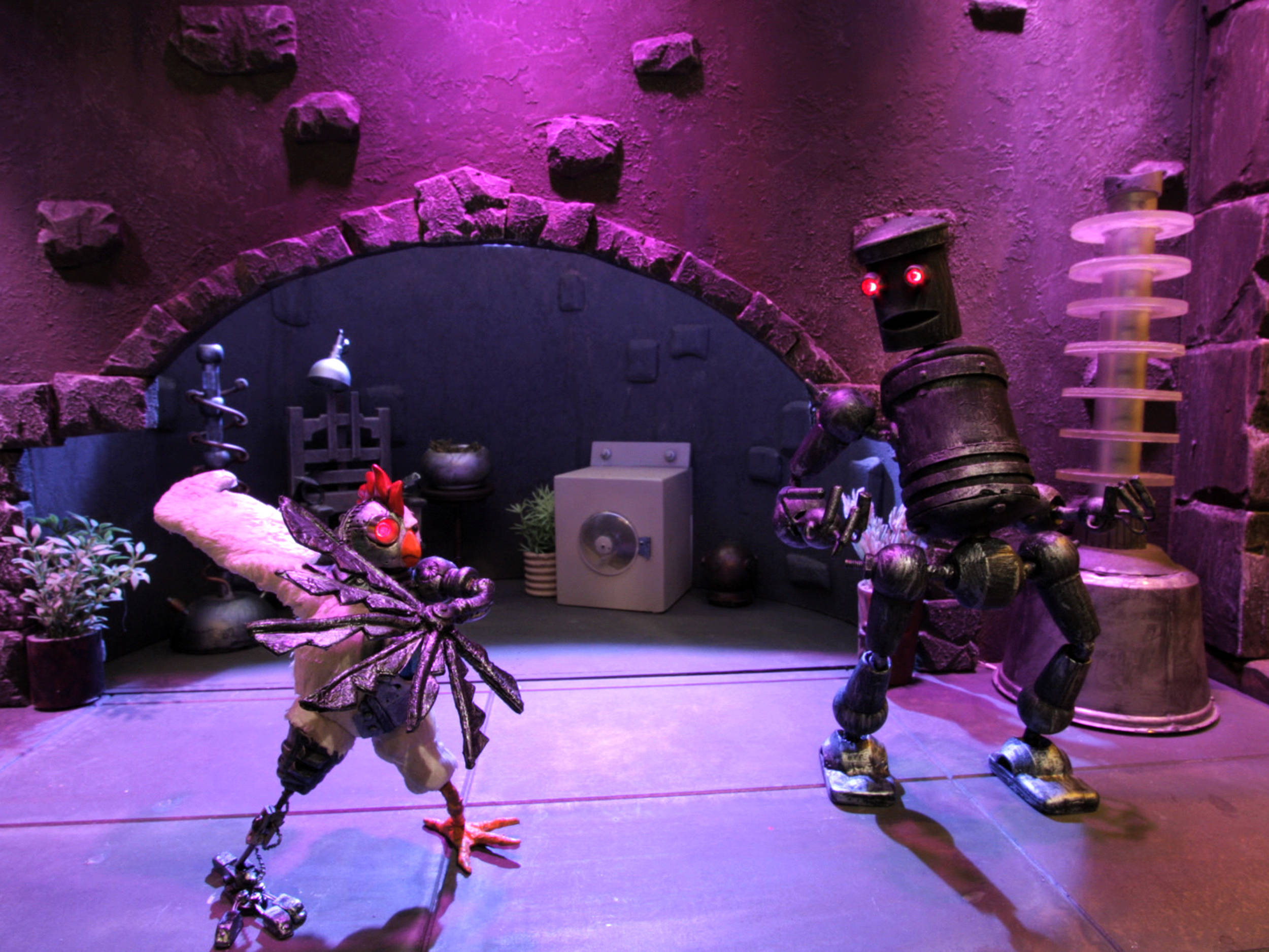 Robot Chicken, glowing red eyes, menacing metal robot, Full HD Desktop Wallpaper