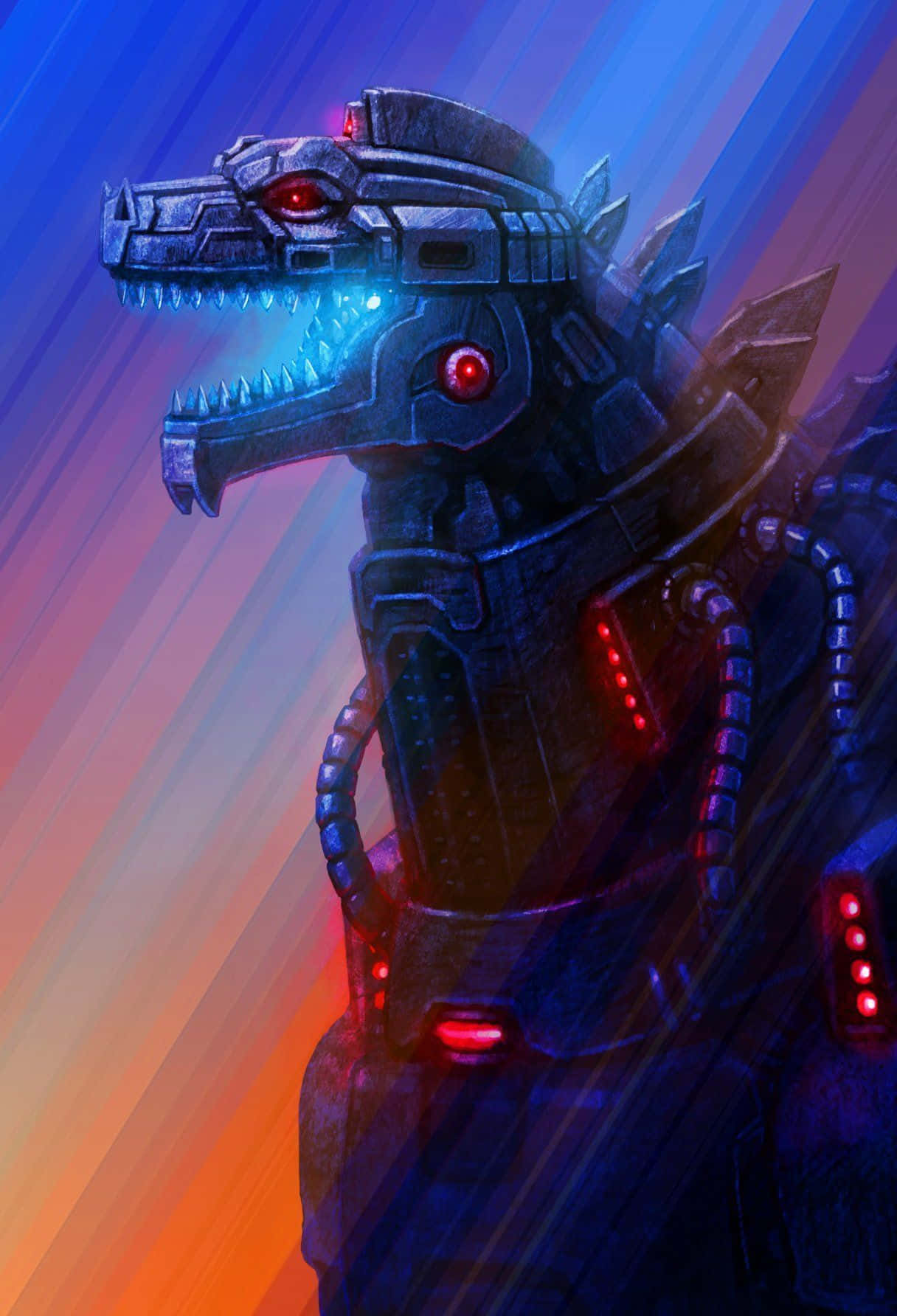 Robot Godzilla, glowing red eyes, blue energy teeth, HD Phone Wallpaper