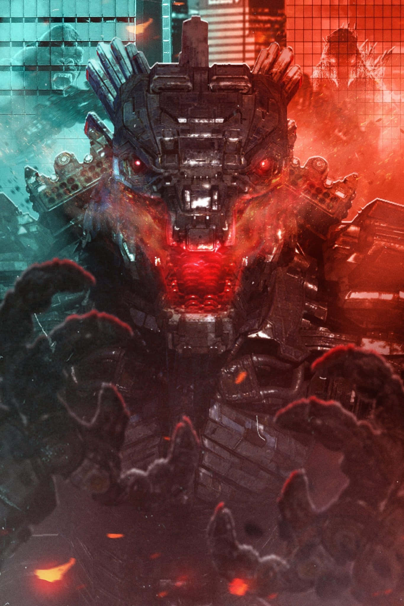 Robot Godzilla, glowing red eyes, molten core, Full HD Phone Wallpaper