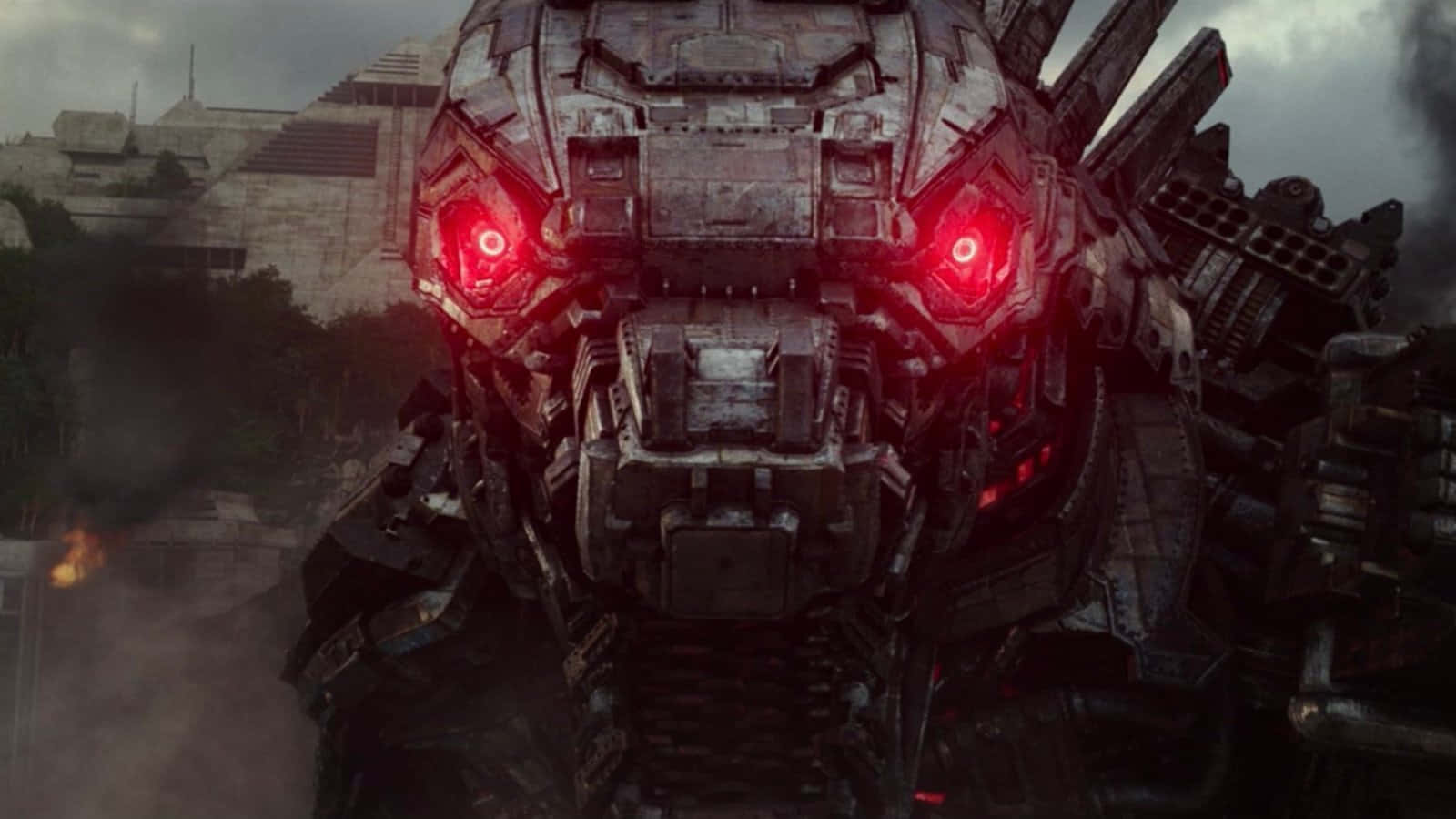 Robot Godzilla, glowing red eyes, ruined cityscape, HD Desktop Wallpaper