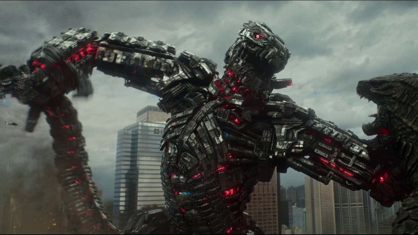 Robot Godzilla, glowing red circuits, smoky urban skyline, HD Desktop Wallpaper