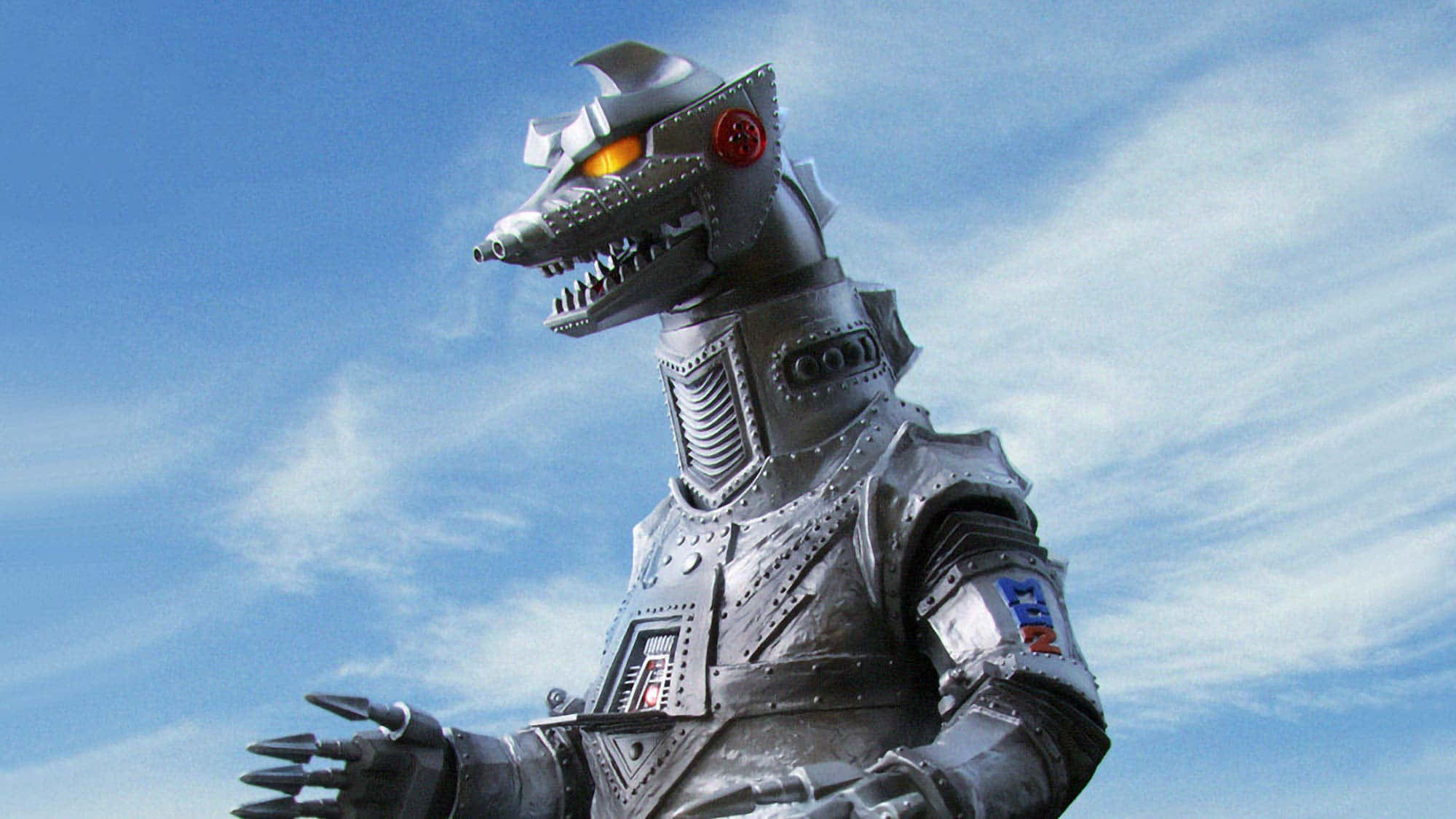 Robot Godzilla, silver, glowing orange eyes, Full HD Desktop Wallpaper