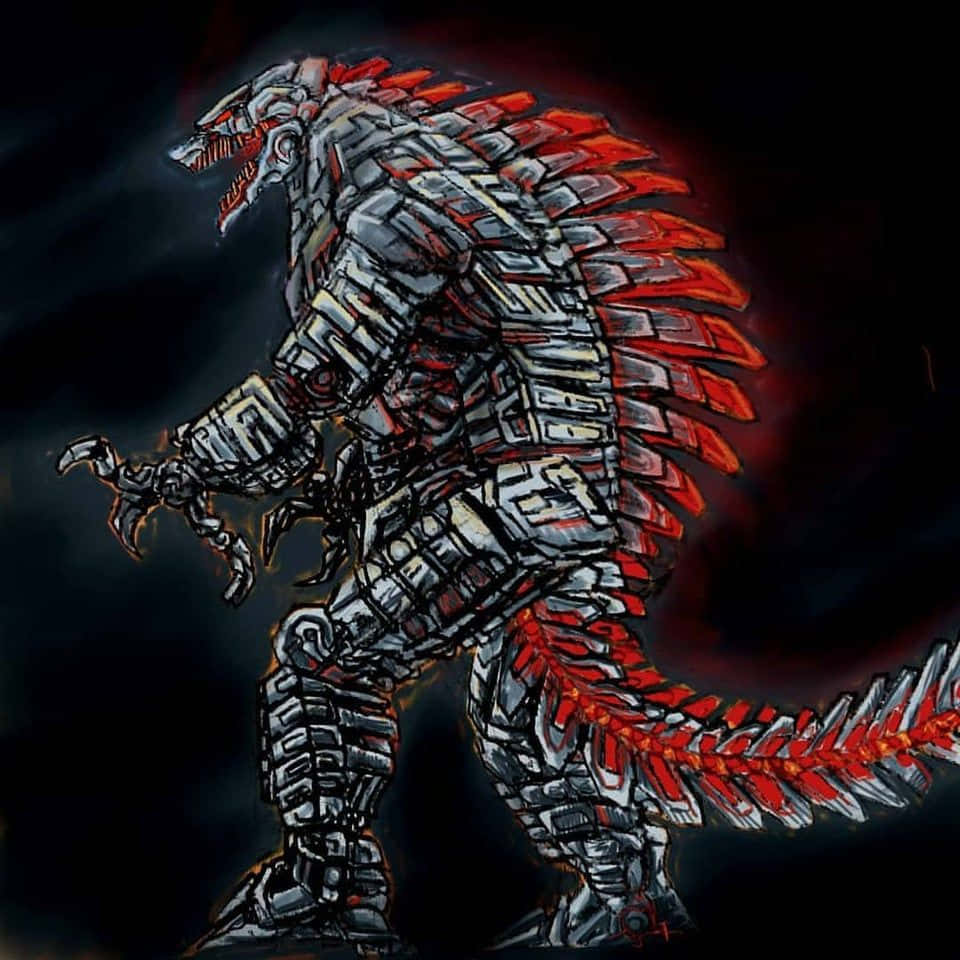 Robot Godzilla, glowing red dorsal fins, jagged metallic armor, SD Desktop Wallpaper