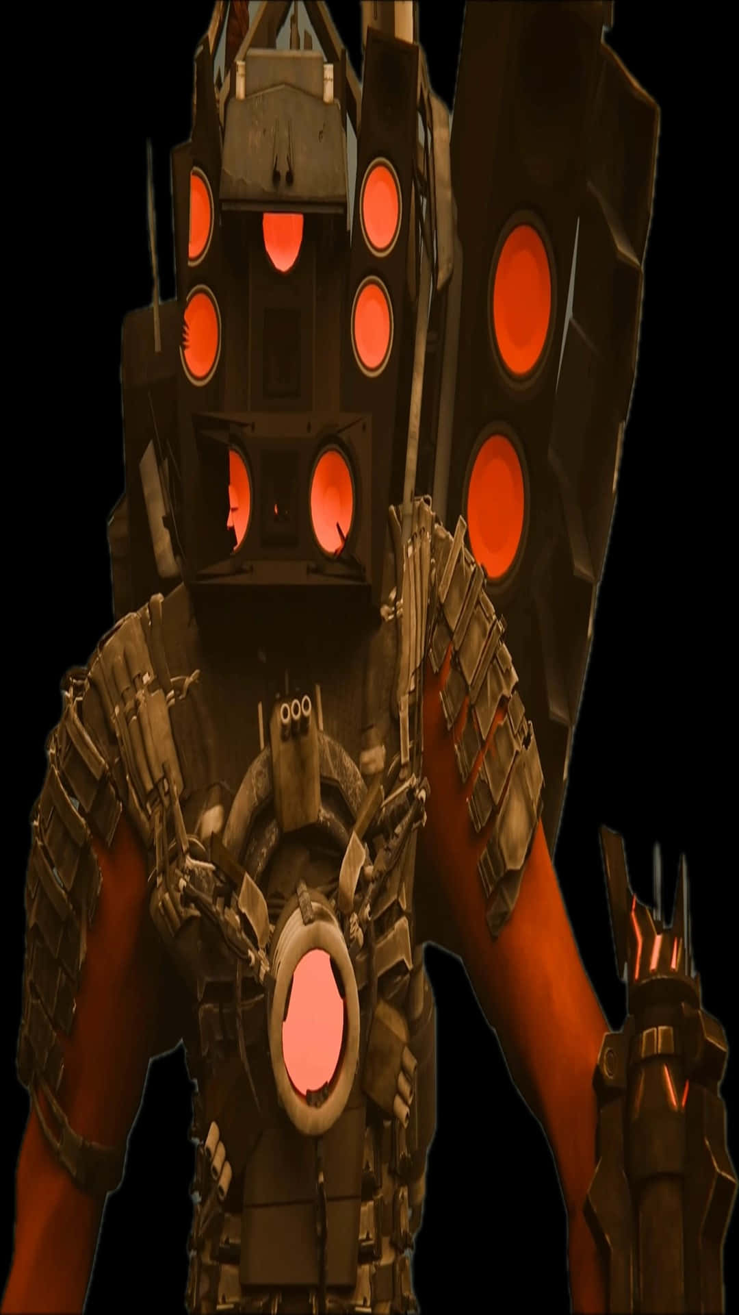 futuristic robot speaker warrior, towering mechanical robot, glowing orange circular lights, Full HD Phone Wallpaper