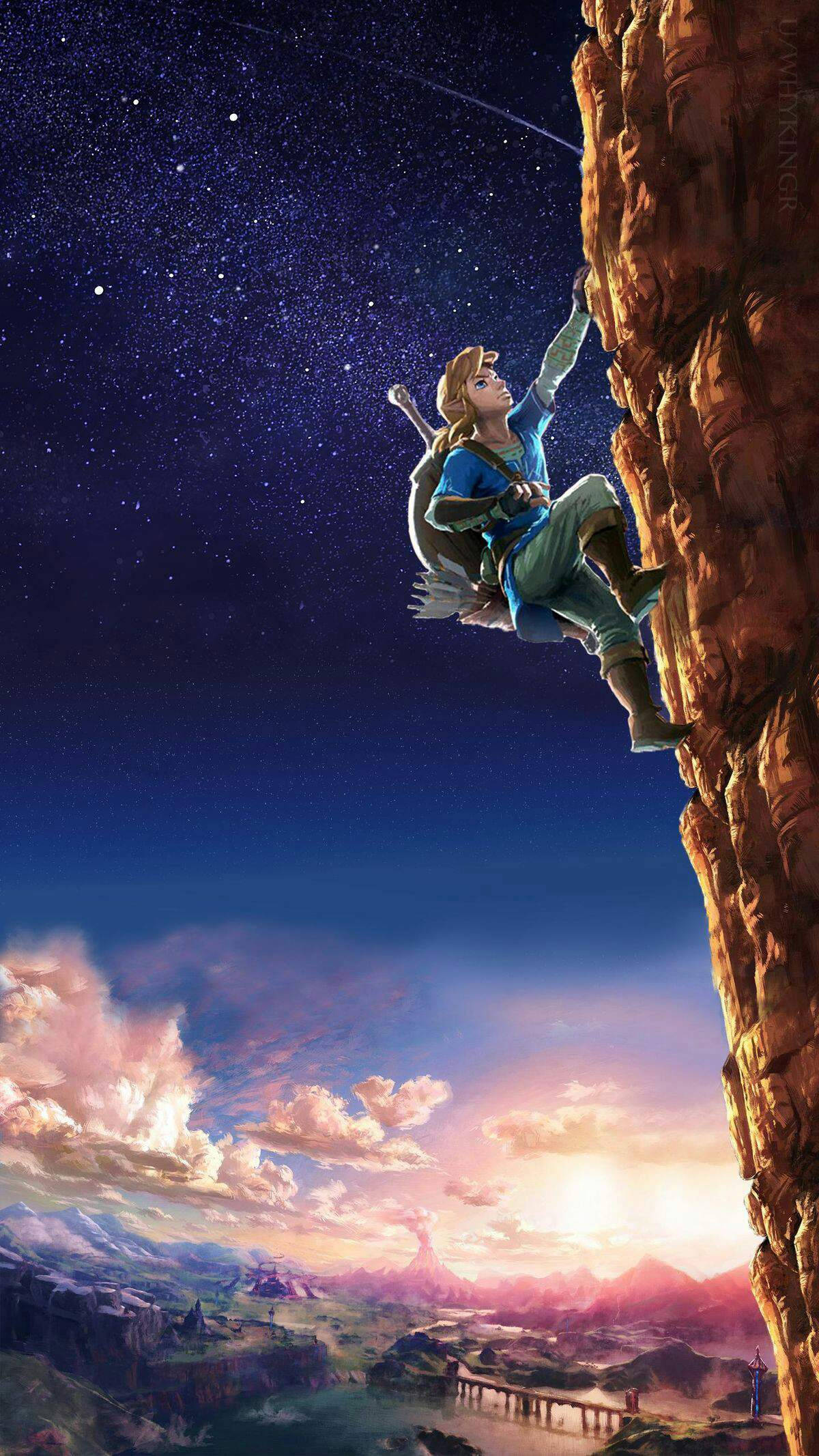 anime boy, towering cliff, starry sky, Full HD Phone Wallpaper