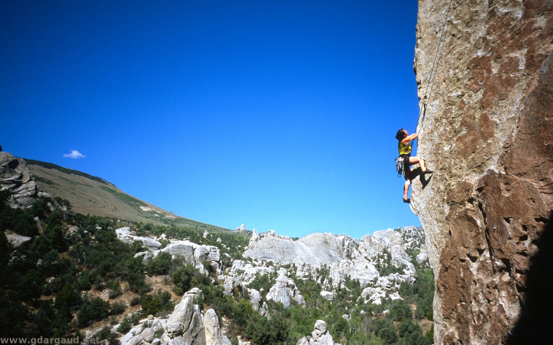 rock climbing, rugged cliff face, vast clear blue sky, Full HD Desktop Wallpaper