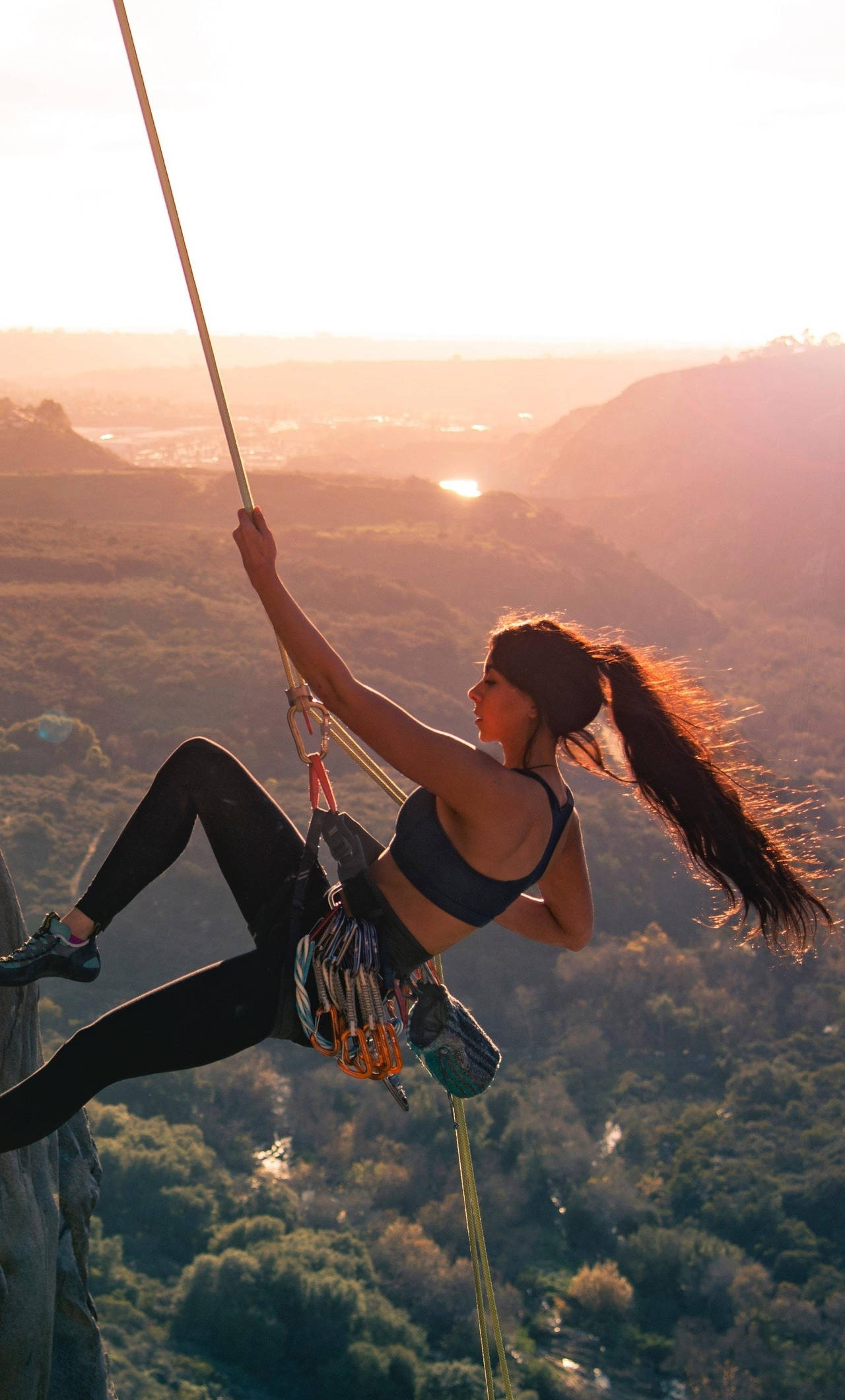 Brave Girl Rock Climbing, sunset, cliff, Full HD Phone Wallpaper