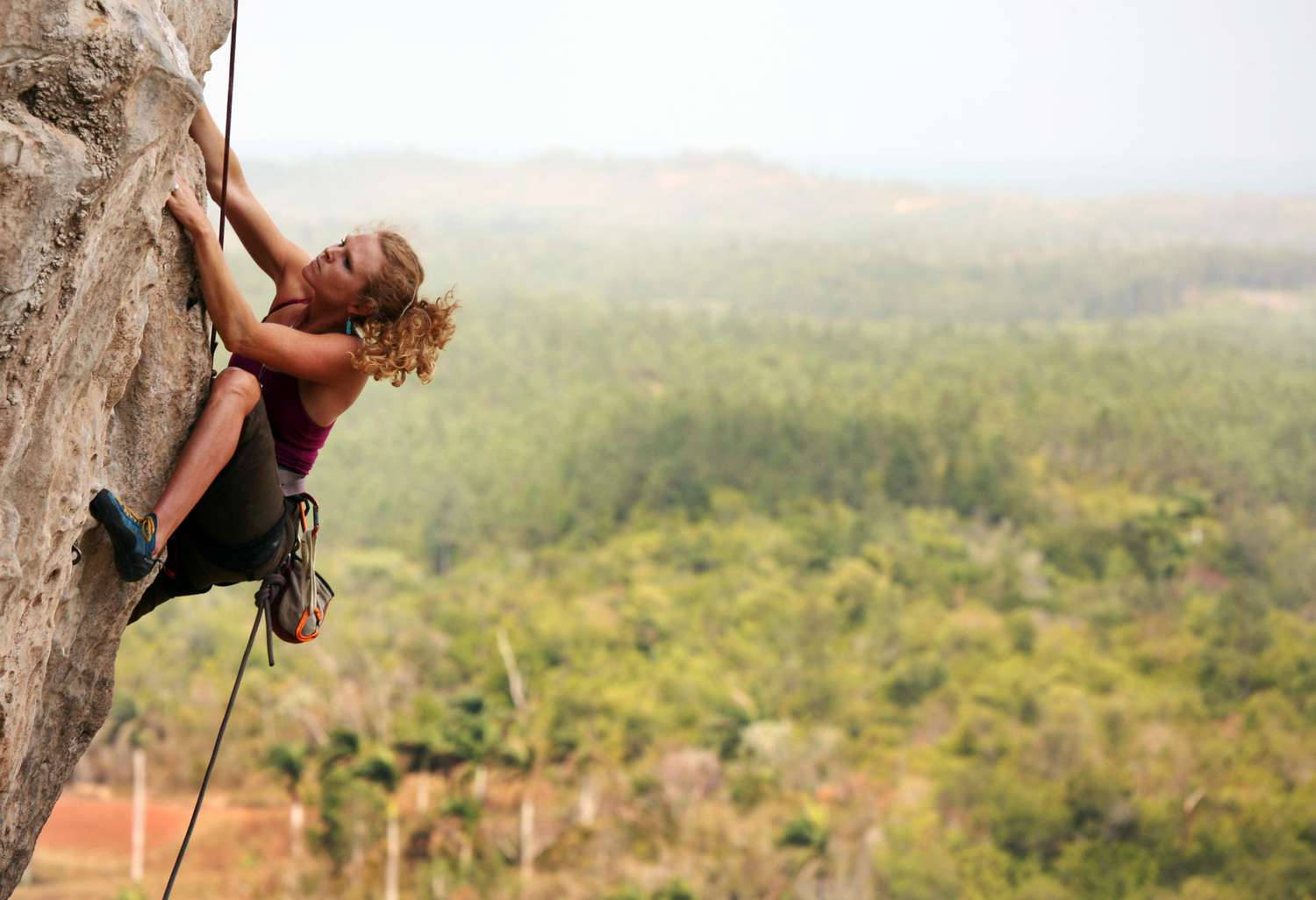 rock climbing, rugged cliff face, lush green forest, HD Desktop Wallpaper