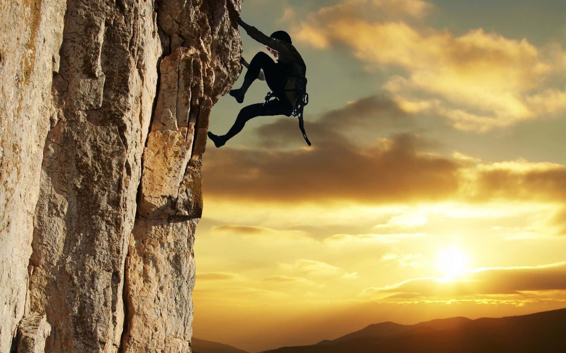 Arduous Climb, sunset, rugged cliff face, Full HD Desktop Wallpaper