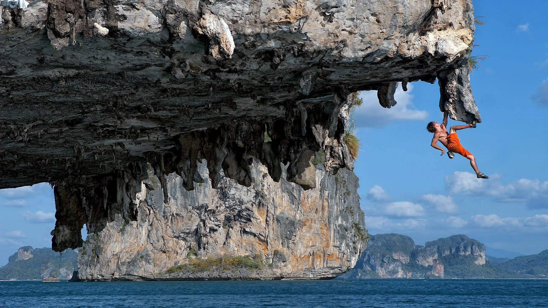 orange, limestone cliff, turquoise water, Full HD Desktop Wallpaper