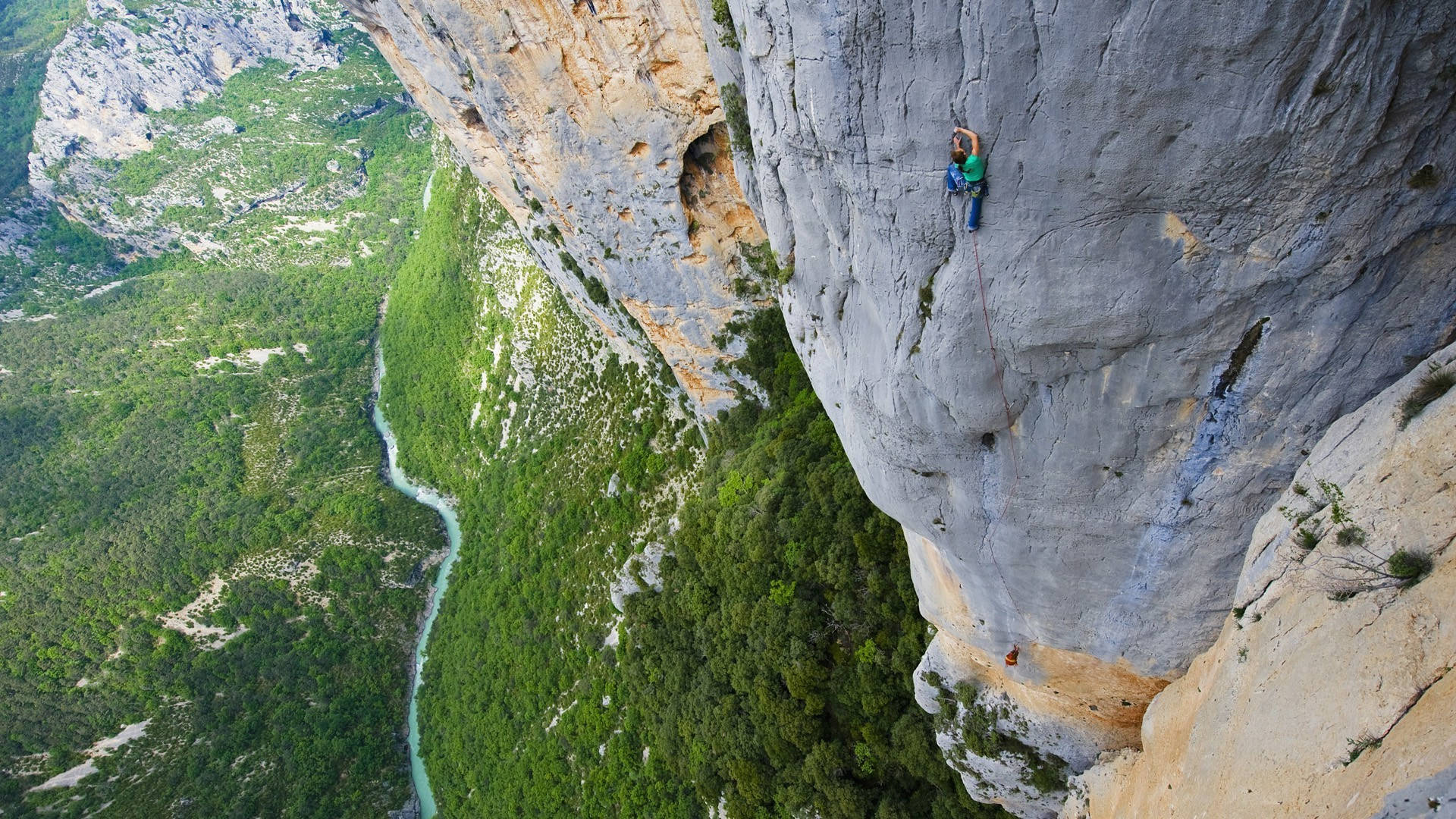 aerial view, man rock climbing, sheer cliff face, Full HD Desktop Wallpaper