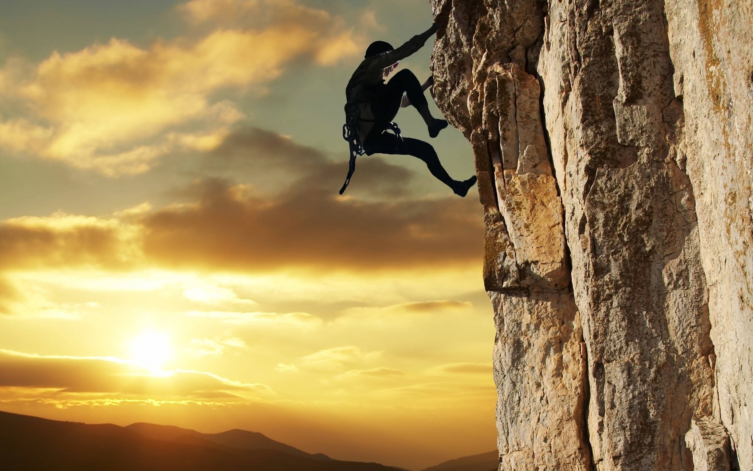 man, rock climbing, sunset, 2K Desktop Wallpaper