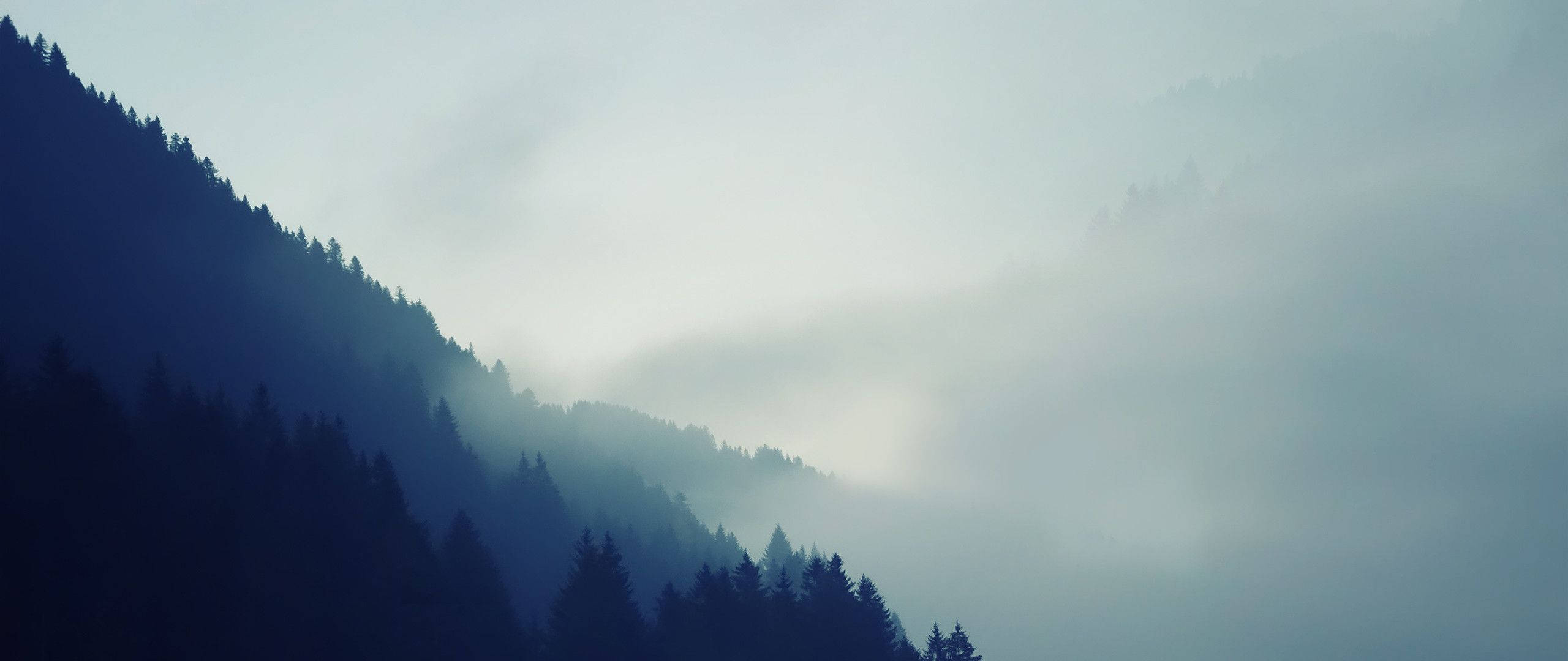 Misty mountains, deep blue shadows, fog, 2K Desktop Wallpaper