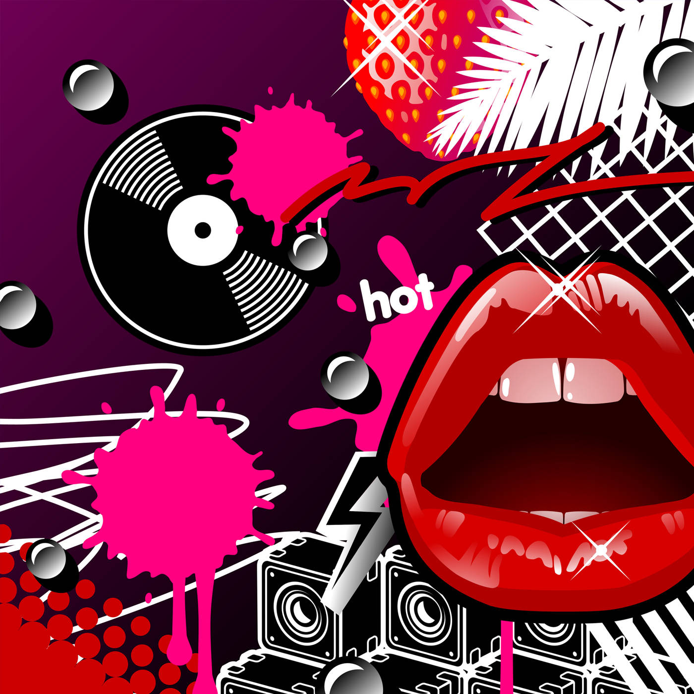 80s rock, red lips, vinyl record, HD Desktop Wallpaper