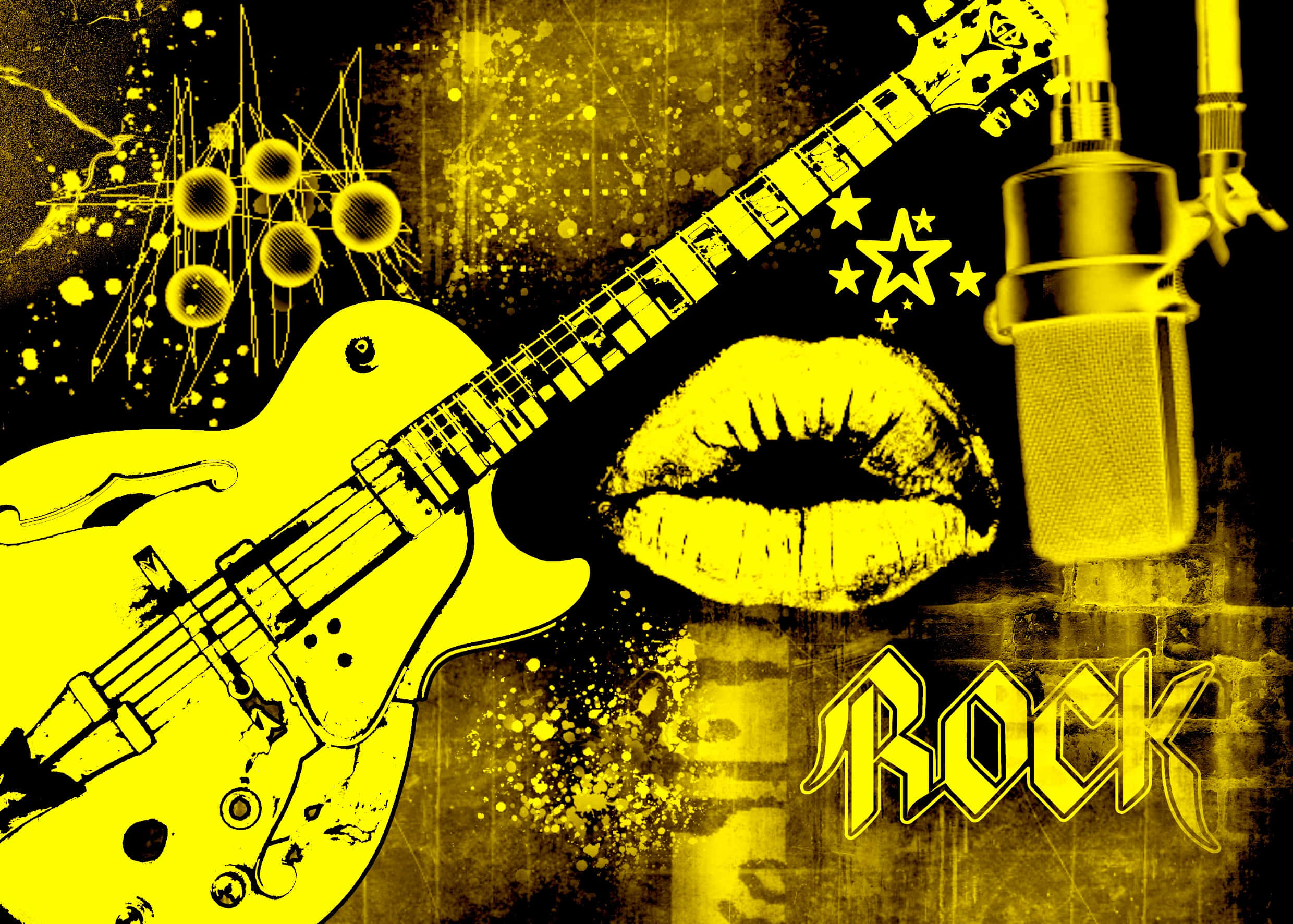 Electric Rock Essence, yellow electric guitar, microphone, Full HD Desktop Wallpaper