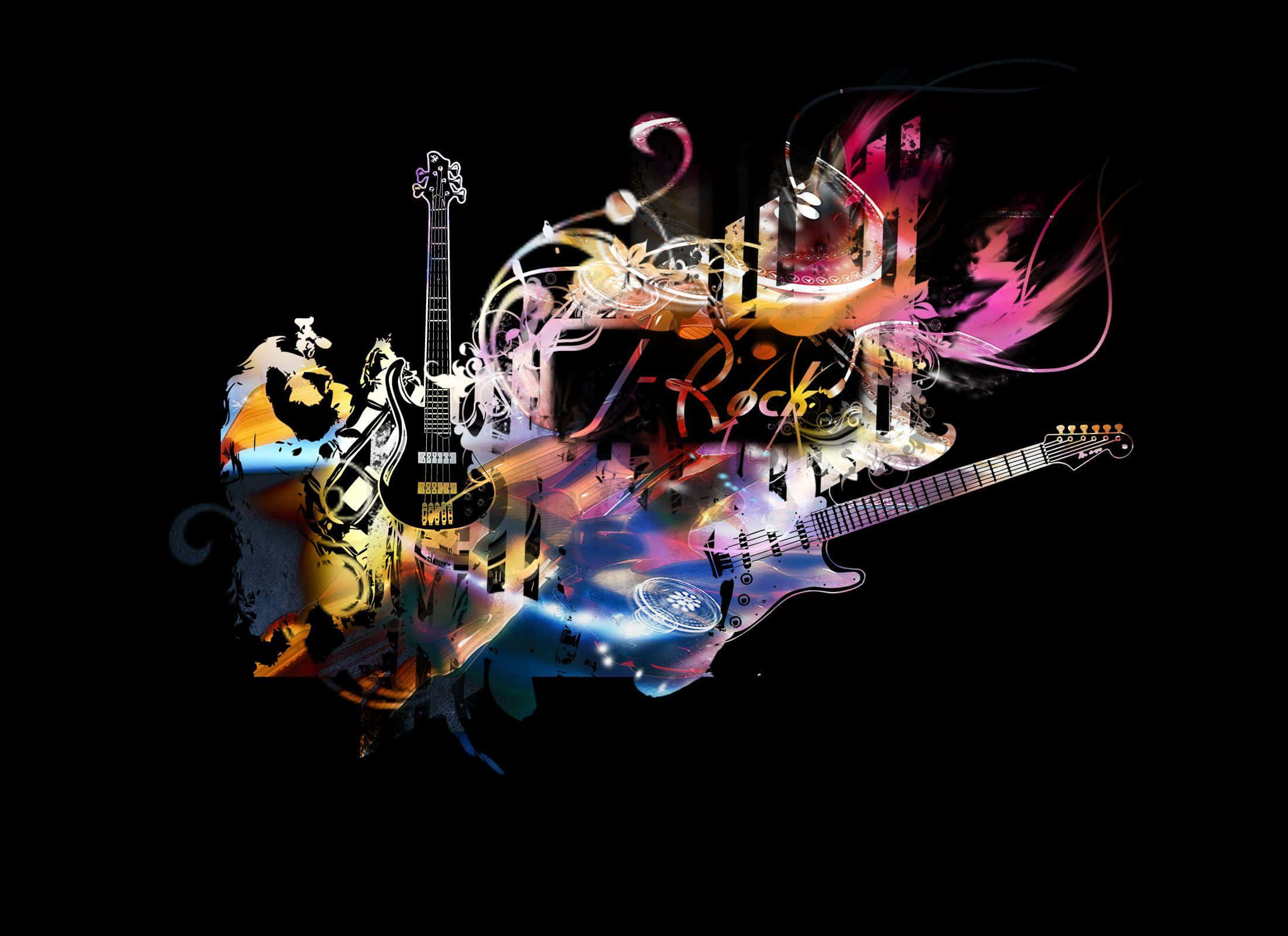 abstract rock music essence, electric guitars, swirling neon colors, Full HD Desktop Wallpaper