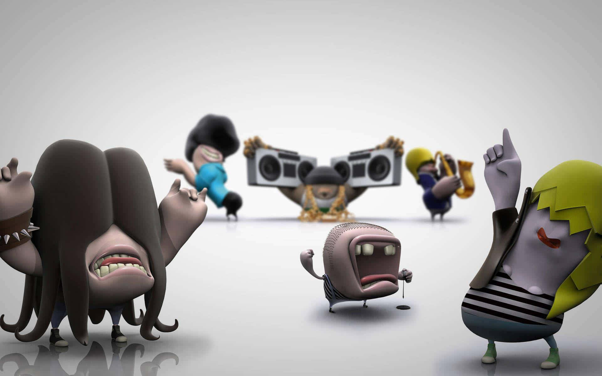 animated rock band characters, cartoonish characters, exaggerated expressions, Full HD Desktop Wallpaper