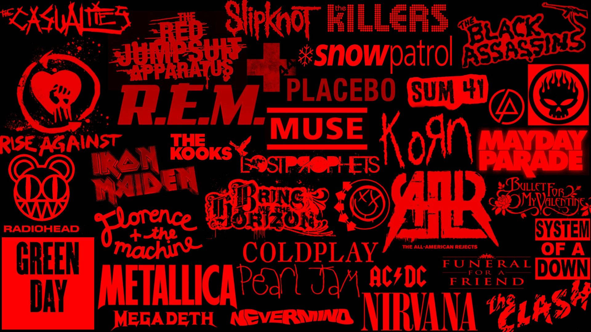 rock music, black background, bold red band logos, Full HD Desktop Wallpaper