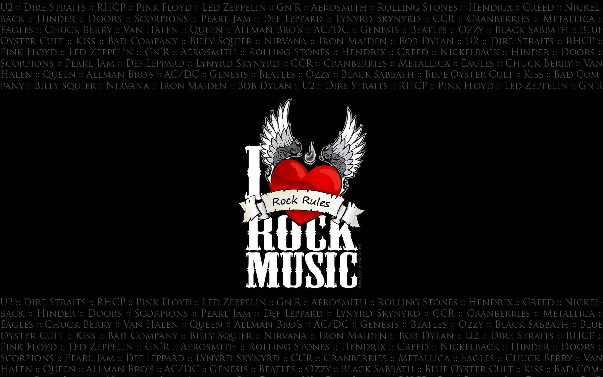 I Love Rock Music, red heart with wings, black background, Full HD Desktop Wallpaper