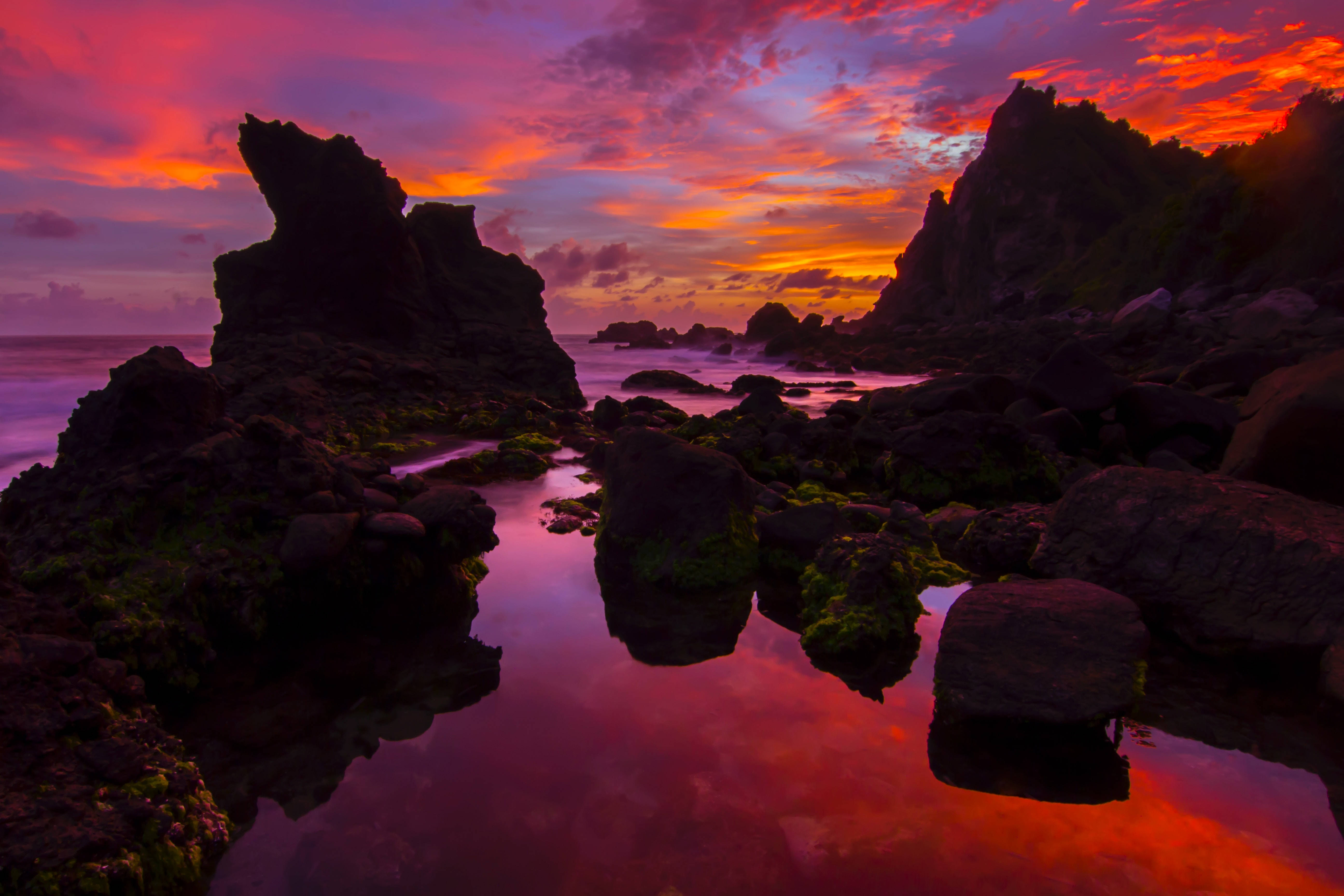 sunset, fiery reds, purples, 5K Desktop Wallpaper
