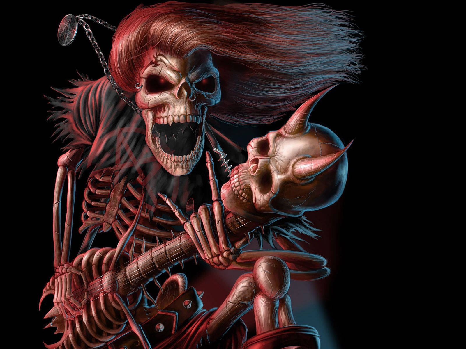 skull, skeletal guitarist, spiked guitar, HD Desktop Wallpaper